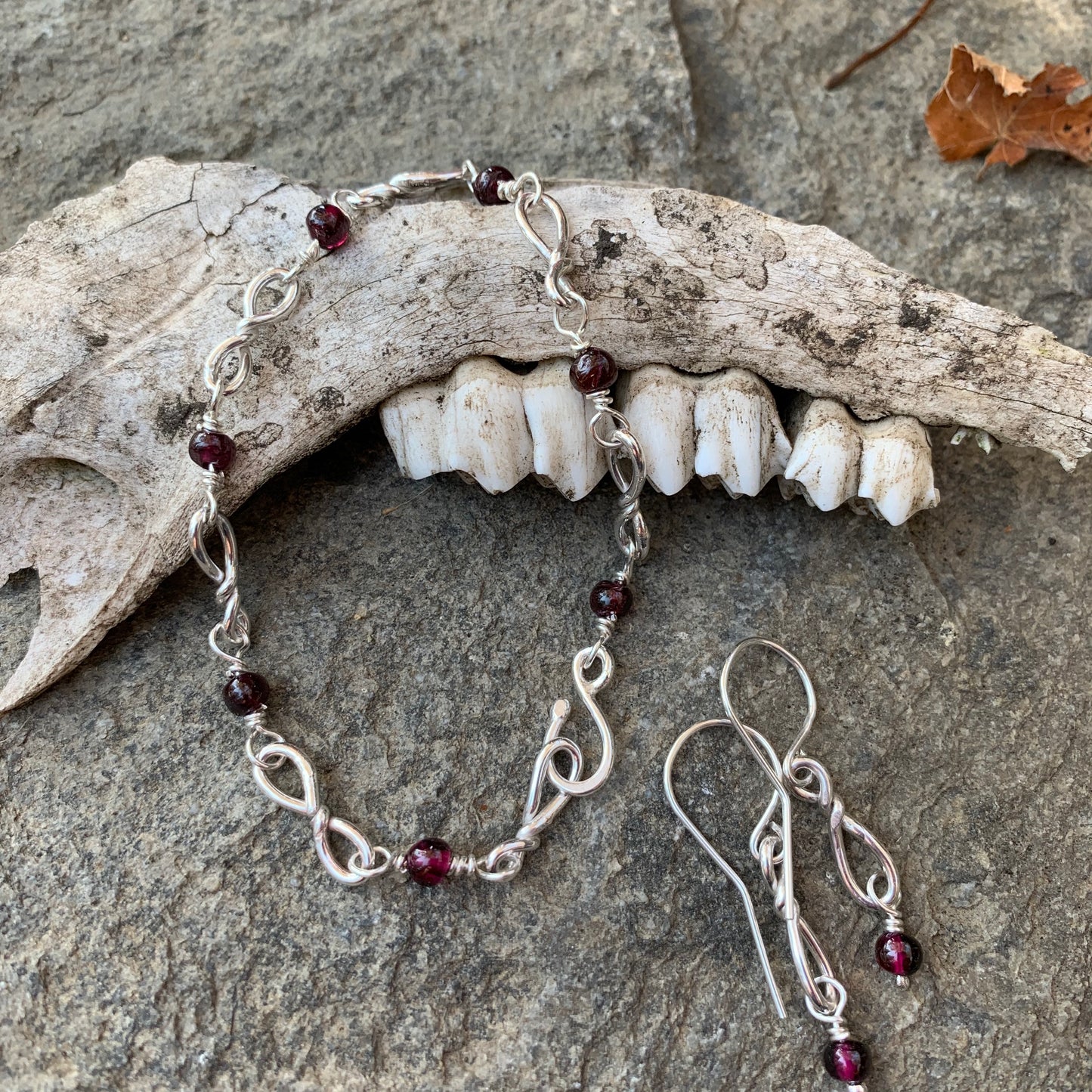 Hand Made Sterling Silver Bow Tie and Garnet Bracelet with Earrings