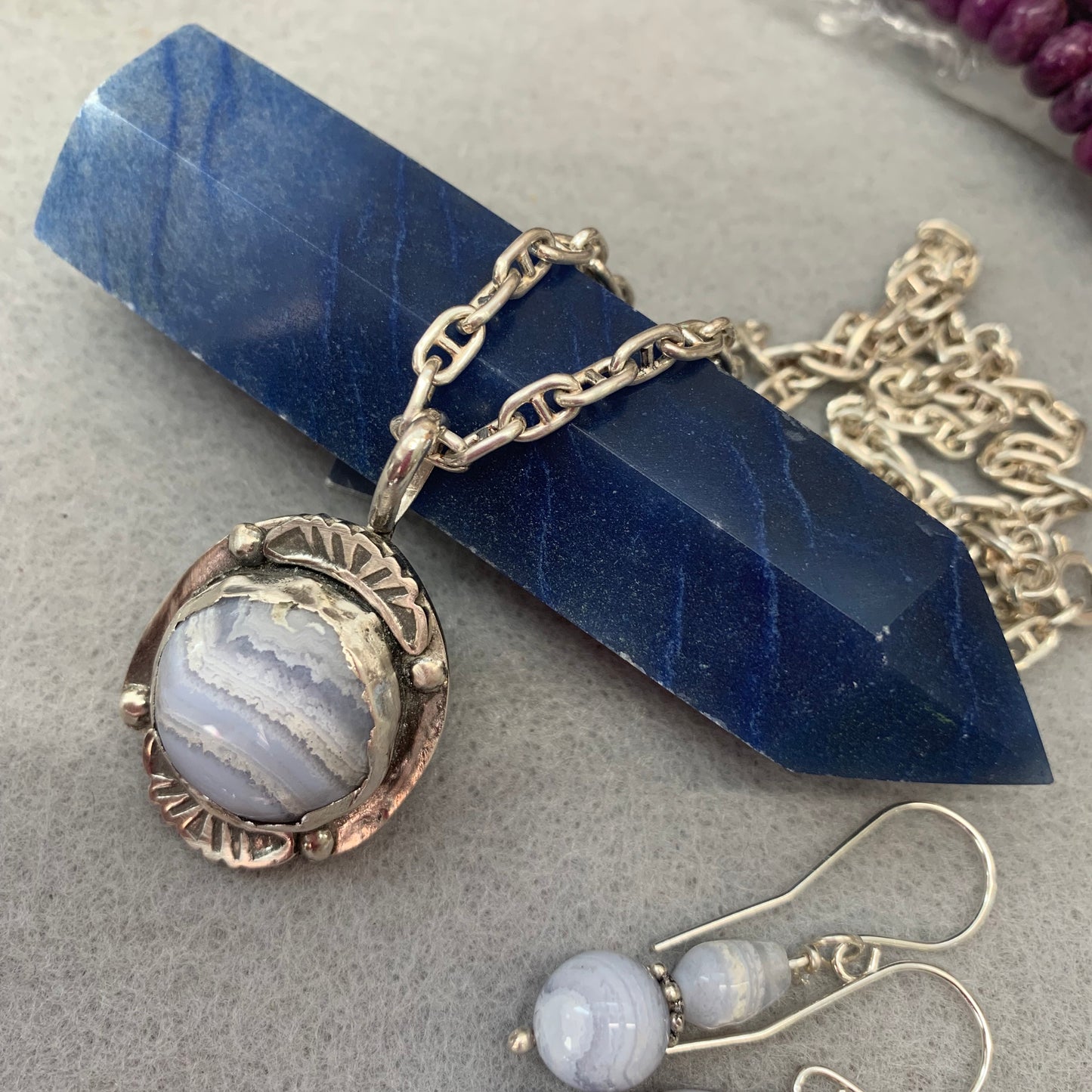 Hand Made Sterling Silver Blue Lace Agate Pendant Necklace and Earrings