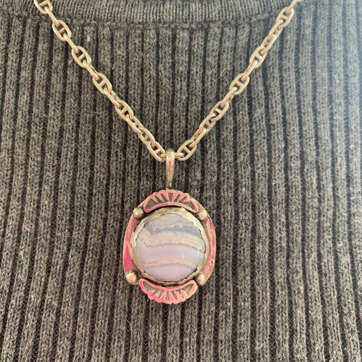 Hand Made Sterling Silver Blue Lace Agate Pendant Necklace and Earrings