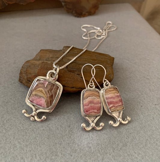Handmade Sterling Silver Rhodochrosite Pendant and Earrings