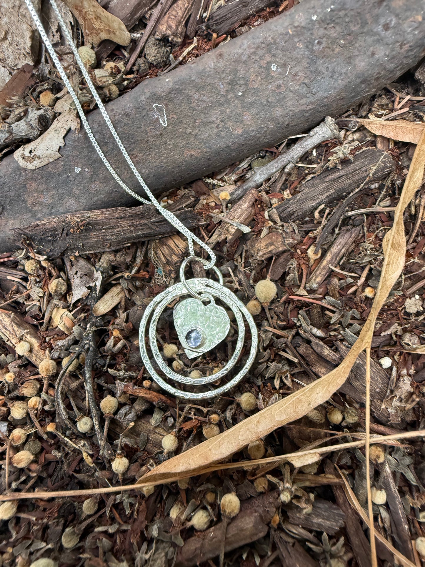 Hand Made Sterling Silver Circles and Iolite Heart Pendant Necklace