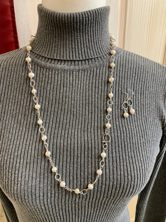 Handmade Sterling Silver and Pearls Necklace with Earrings