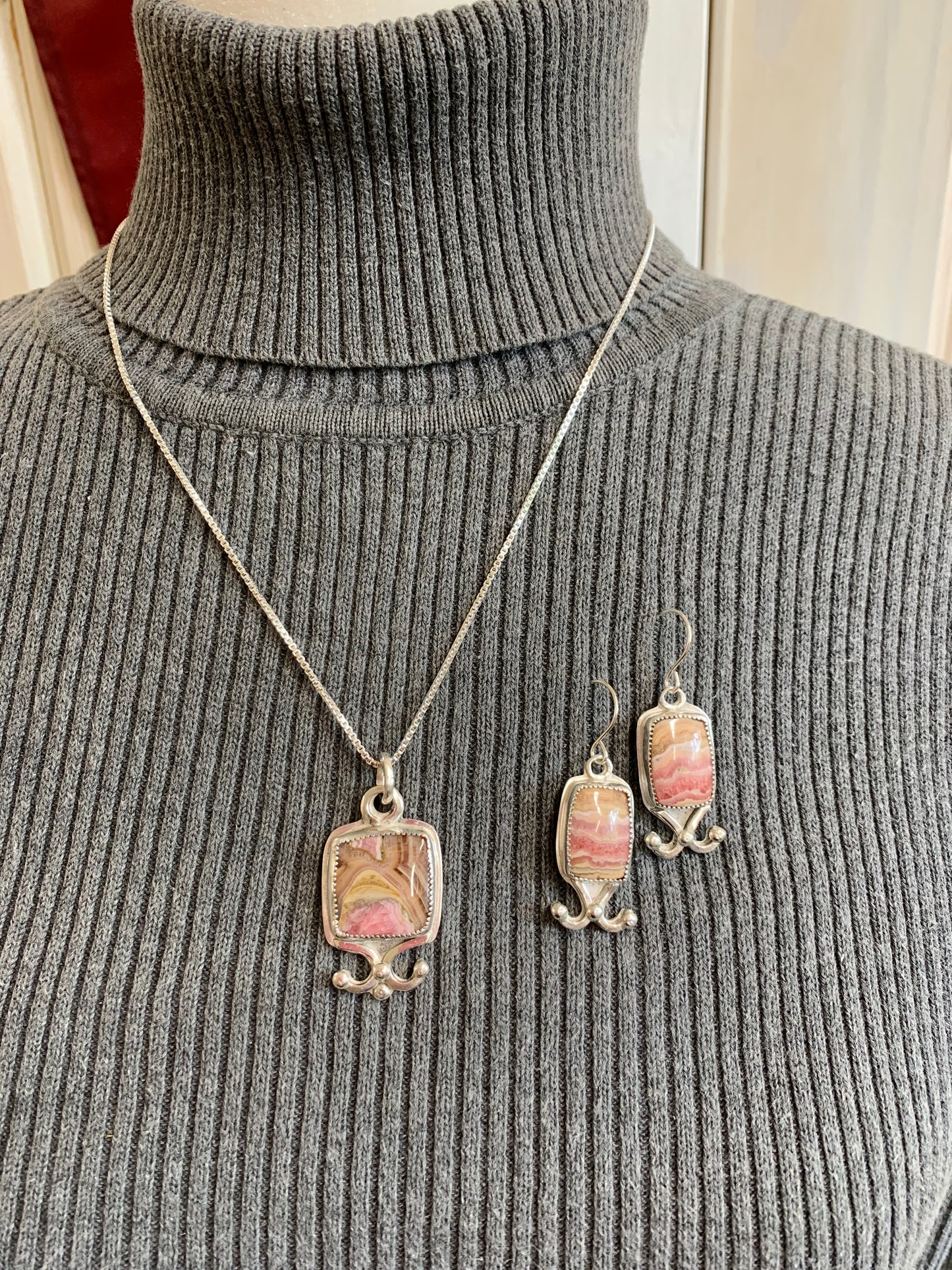 Handmade Sterling Silver Rhodochrosite Pendant and Earrings