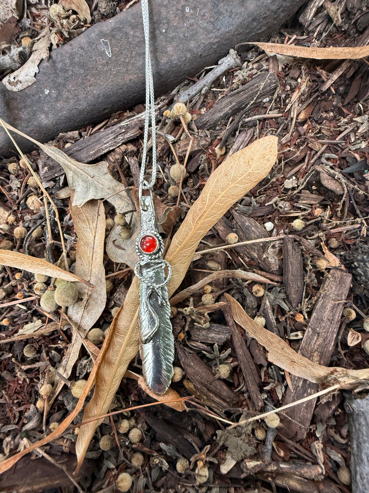 Hand Made Sterling Silver Feather Pendant with Carnelian Necklace