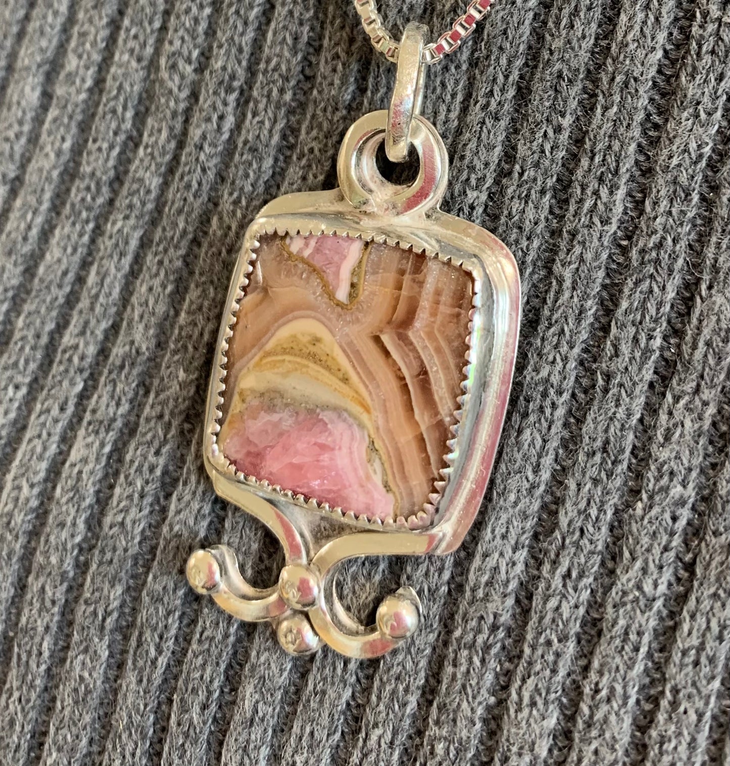 Handmade Sterling Silver Rhodochrosite Pendant and Earrings