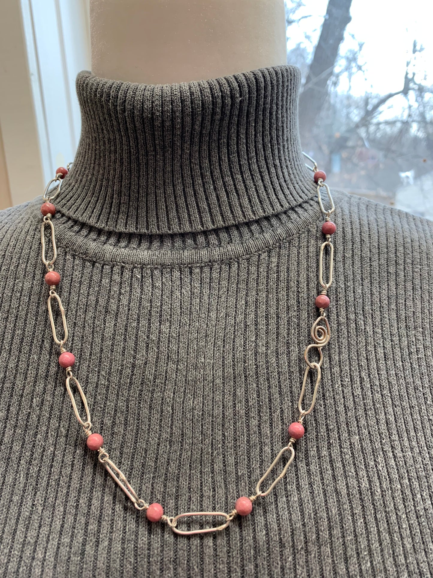 Hand Made Norwegian Thulite Paper Clip Chain Necklace and Earrings