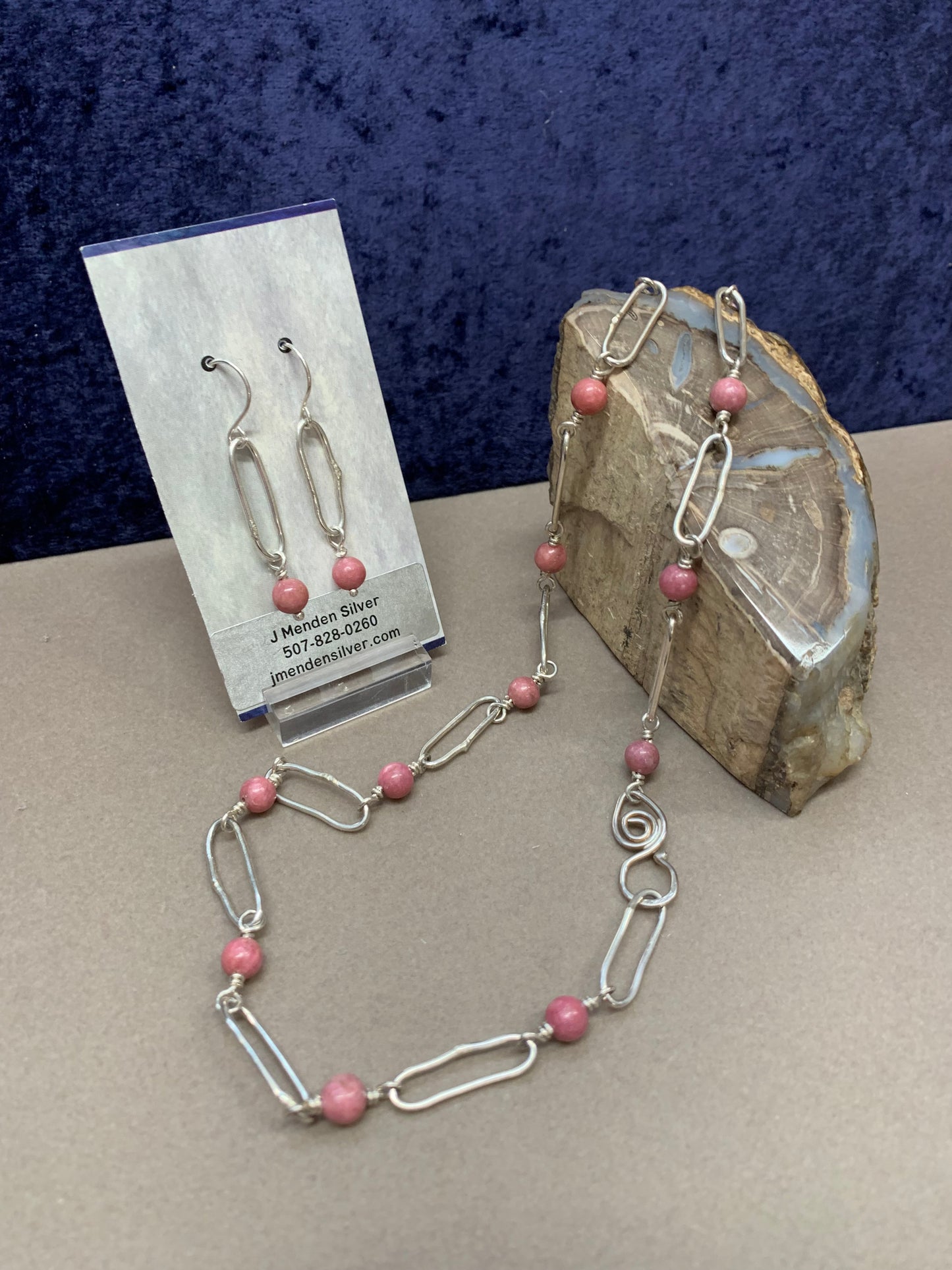 Hand Made Norwegian Thulite Paper Clip Chain Necklace and Earrings
