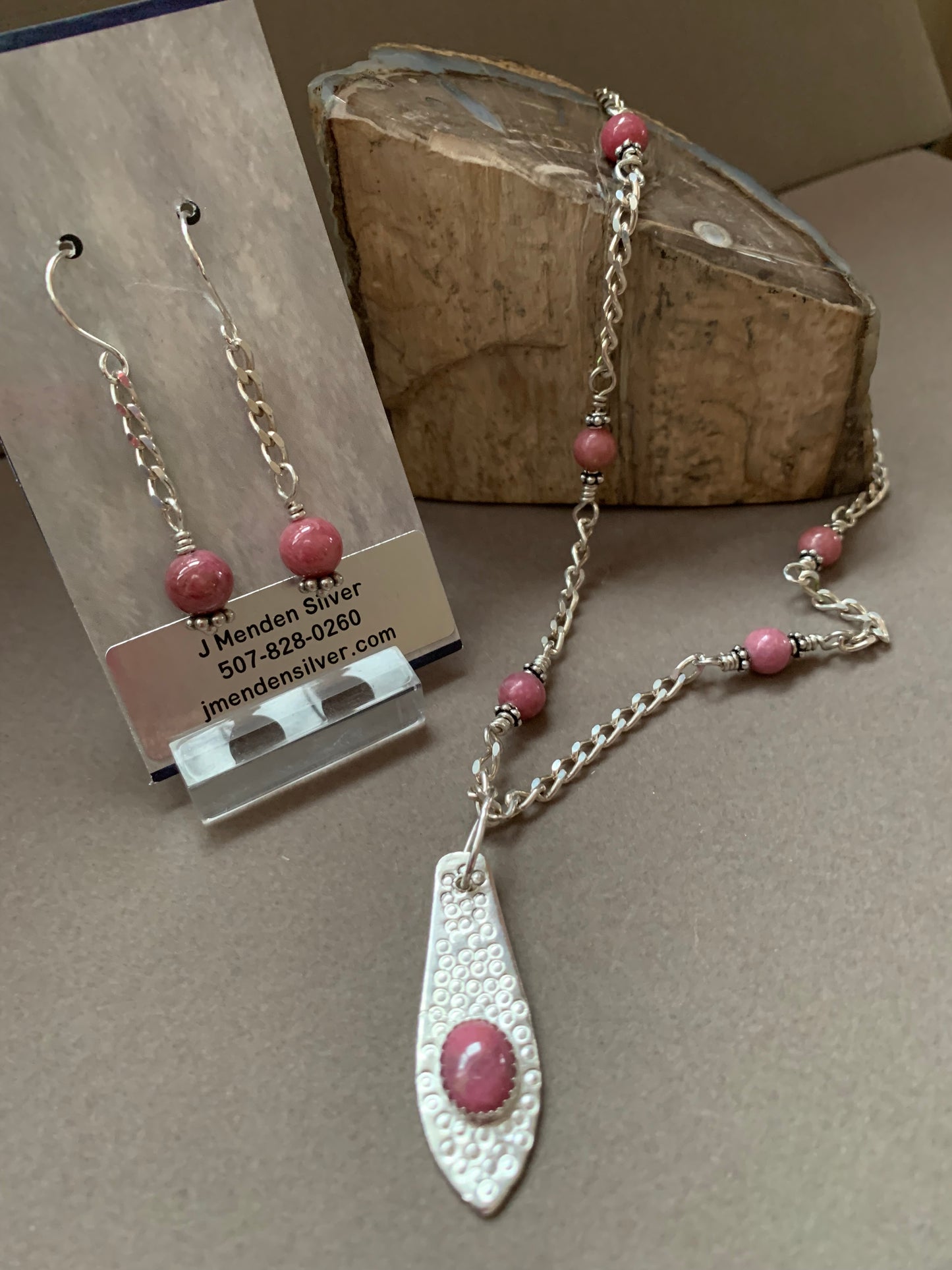 Hand Made Sterling Silver Thulite Chain Necklace with Coordinating Pendant and Earrings