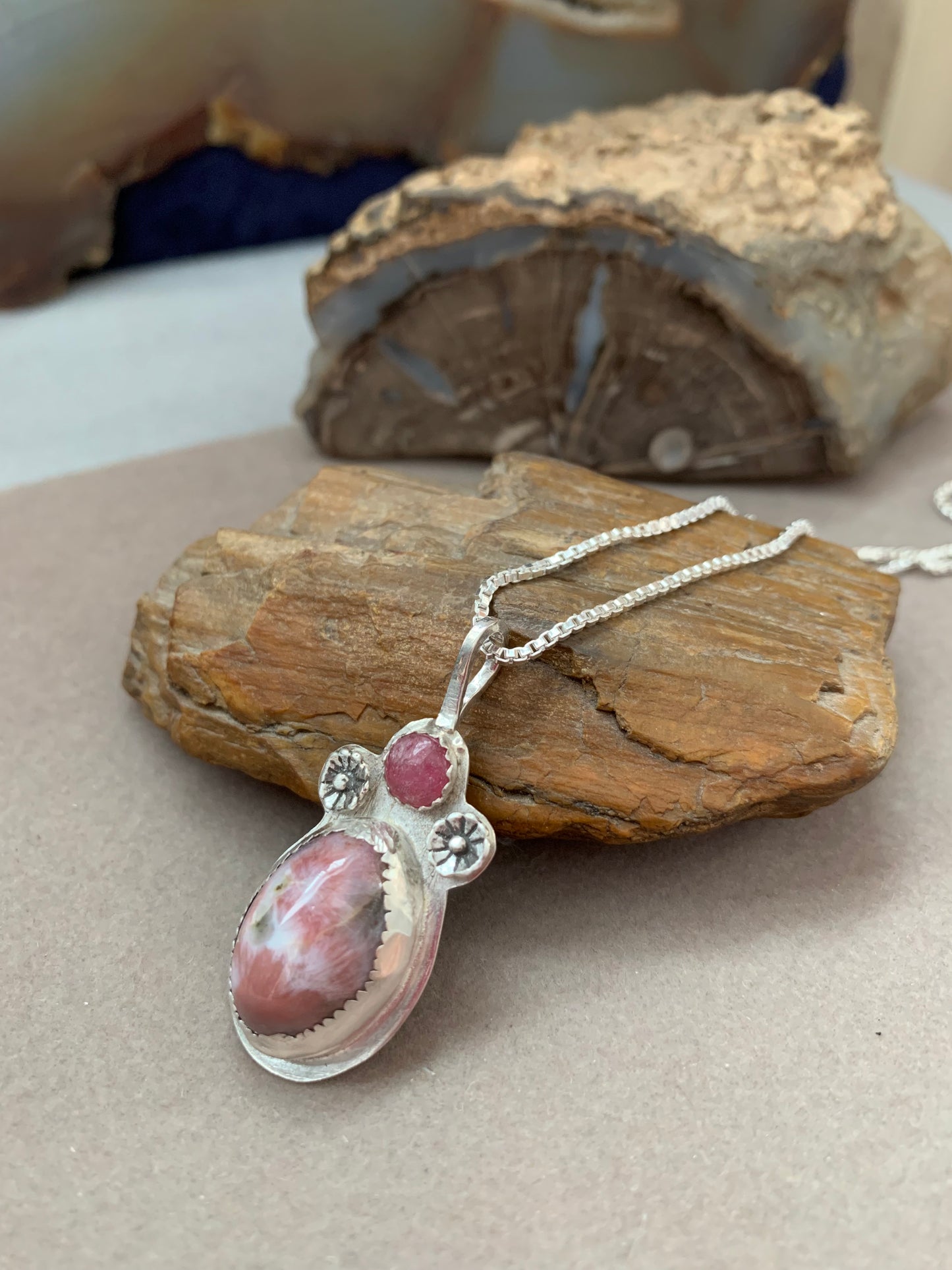 Hand Made Sterling Silver Thompsonite and Tourmaline Pendant Necklace