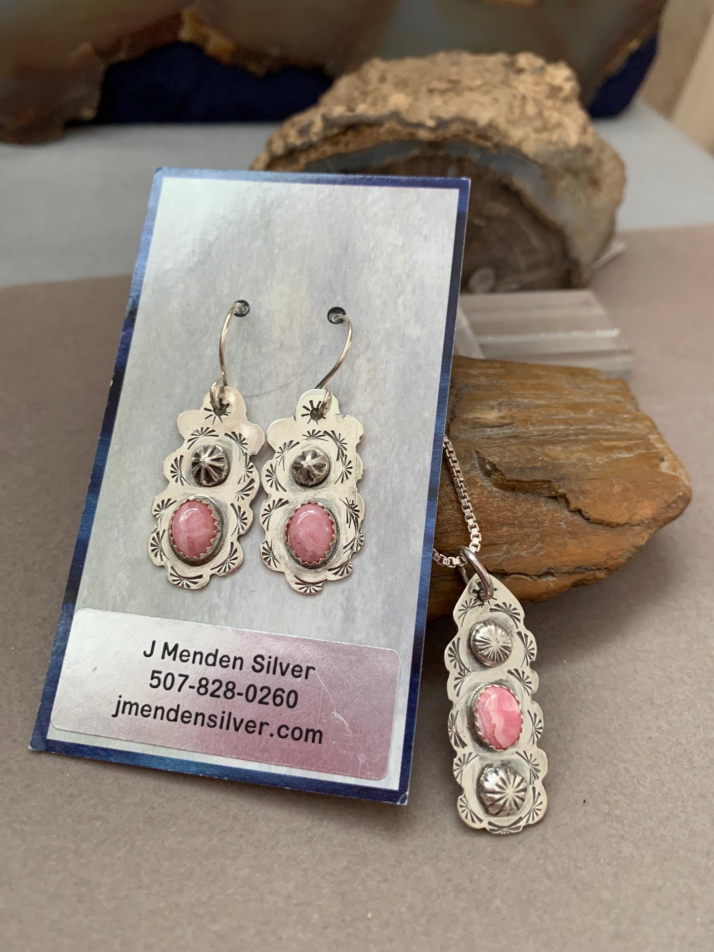 Hand Made Sterling Silver with Rhodochrosite Pendant and Earrings