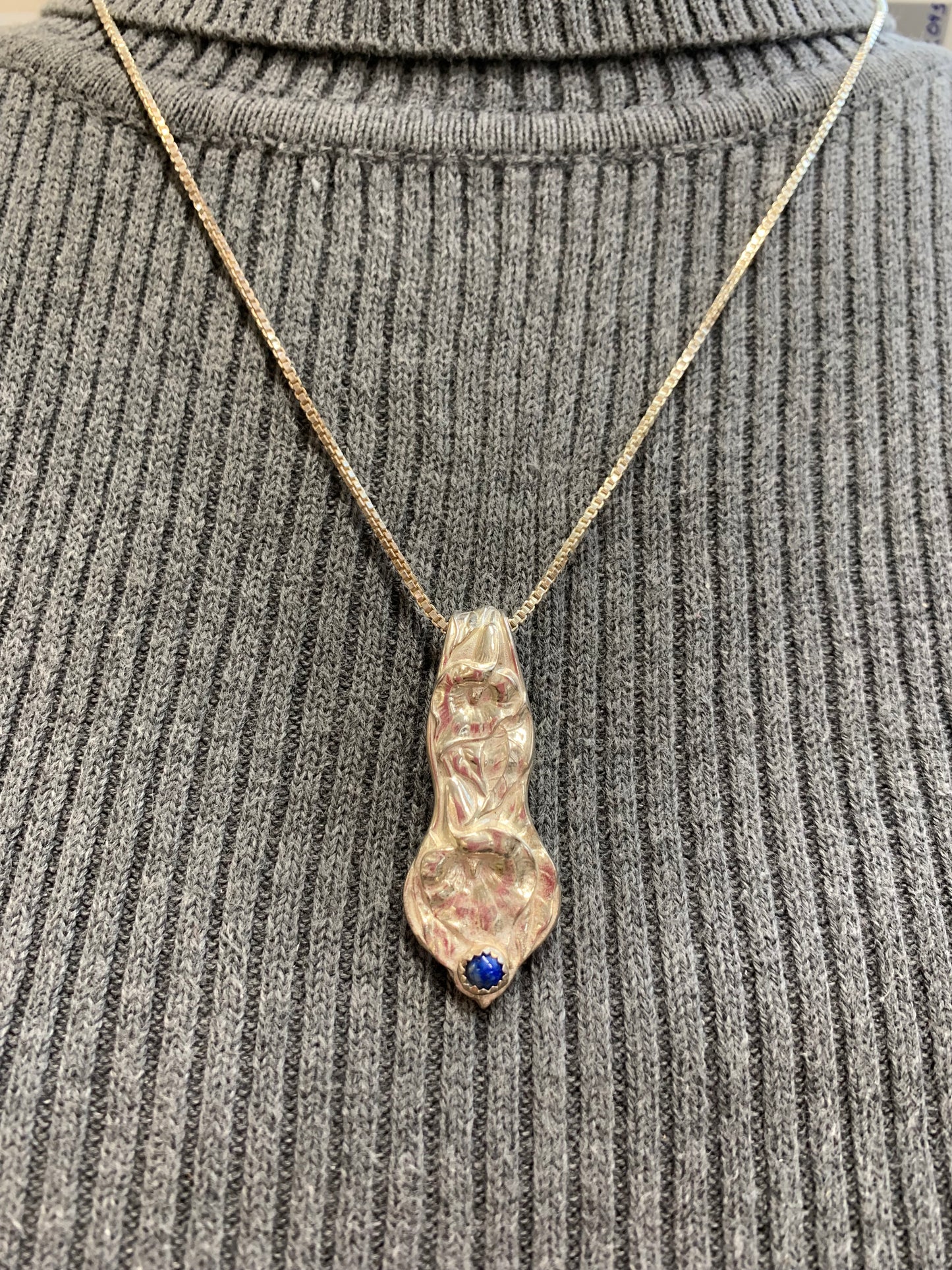 Hand Made Sterling Silver Lapis Spoon Handle Pendant Necklace