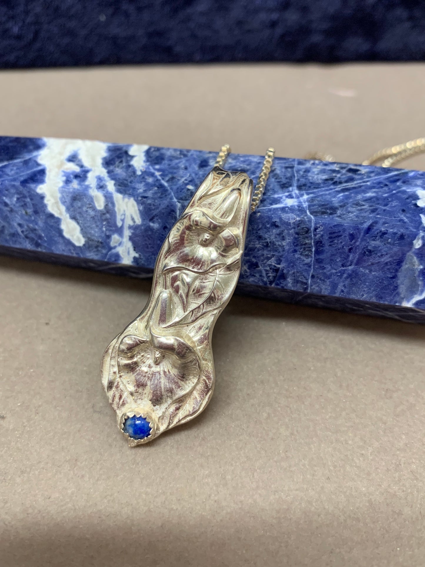 Hand Made Sterling Silver Lapis Spoon Handle Pendant Necklace