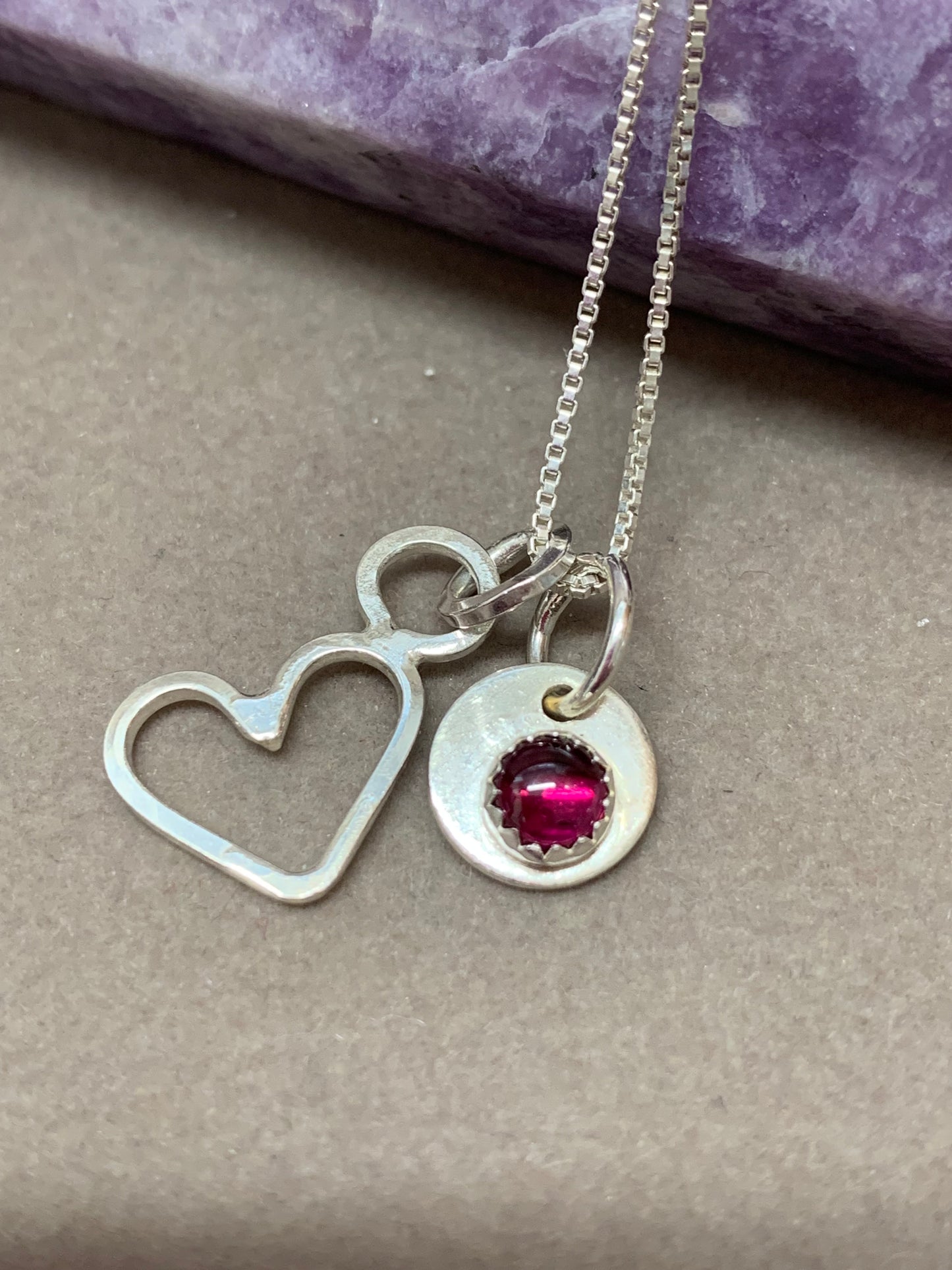 Hand Made Sterling Silver Heart with Garnet Dingle Necklace Pendant