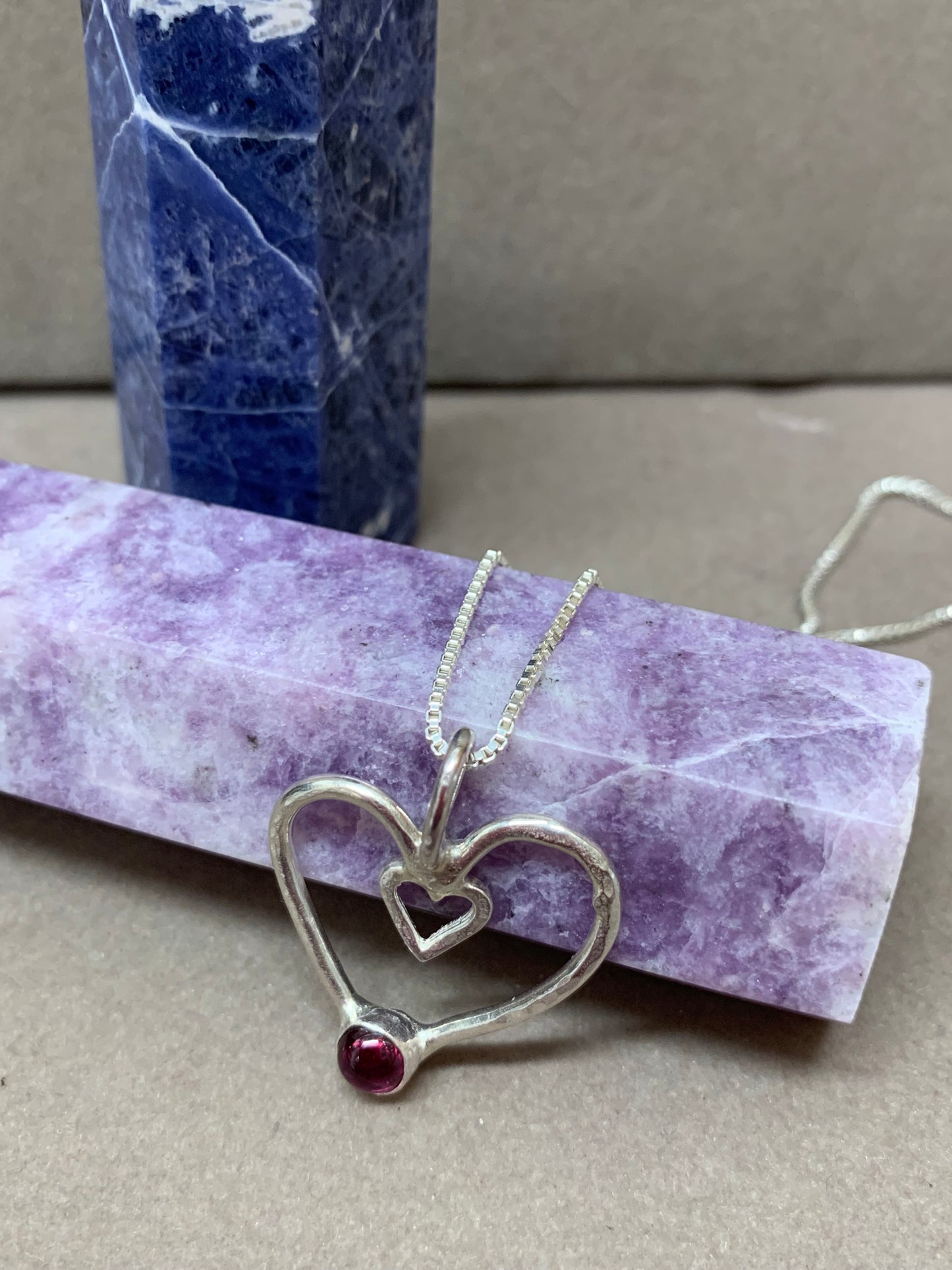 Hand Made Sterling Silver Double Heart with Garnet Pendant Necklace