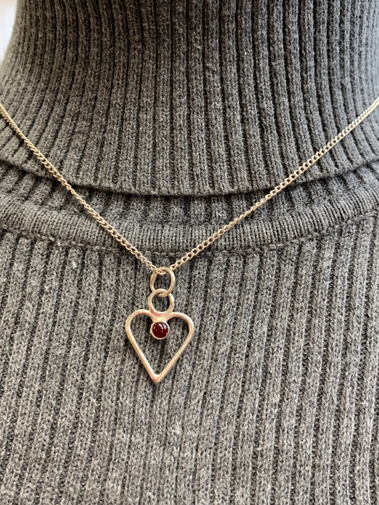 Hand Made Sterling Silver Heart Pendant with Garnet Necklace
