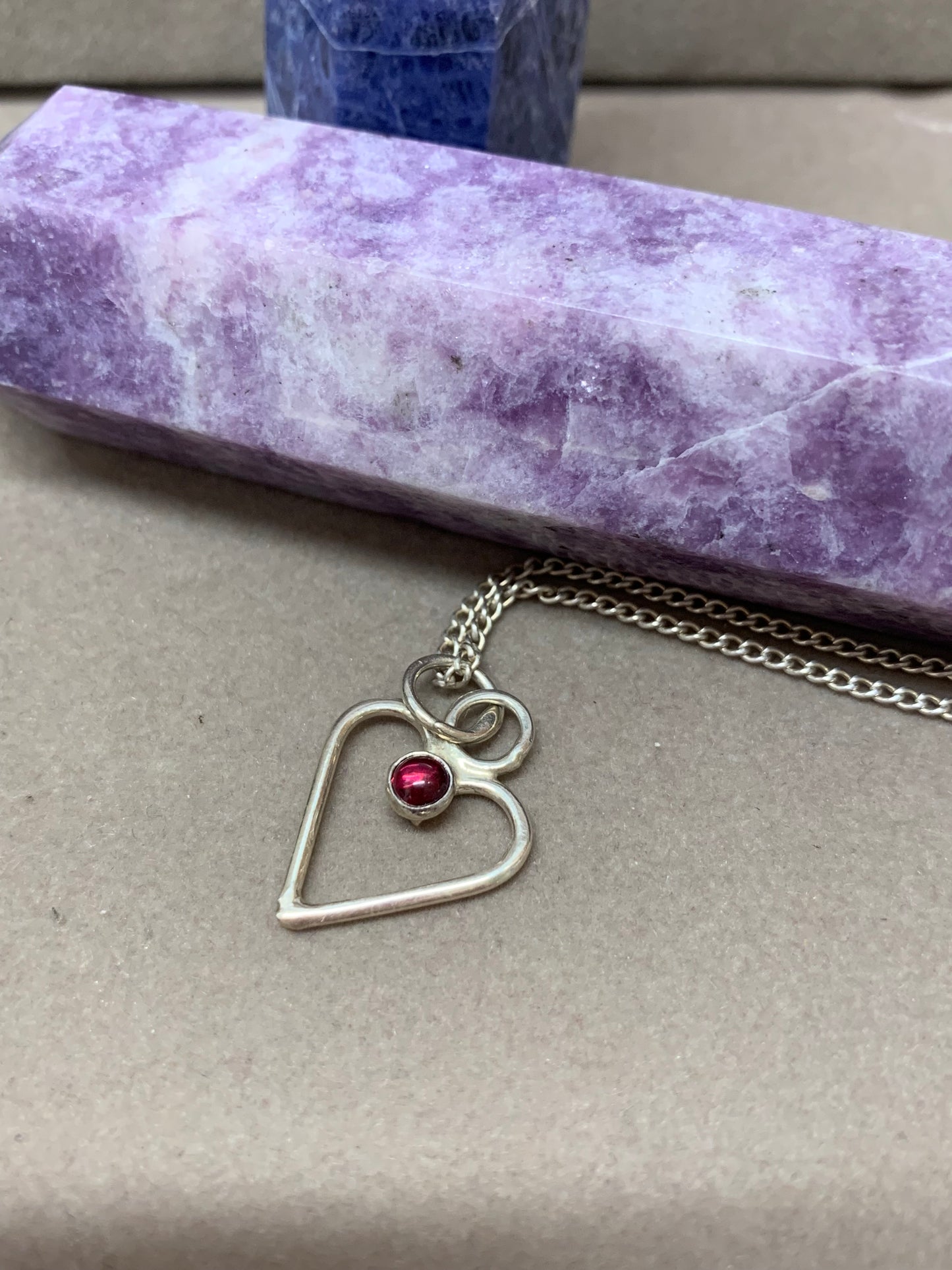 Hand Made Sterling Silver Heart Pendant with Garnet Necklace