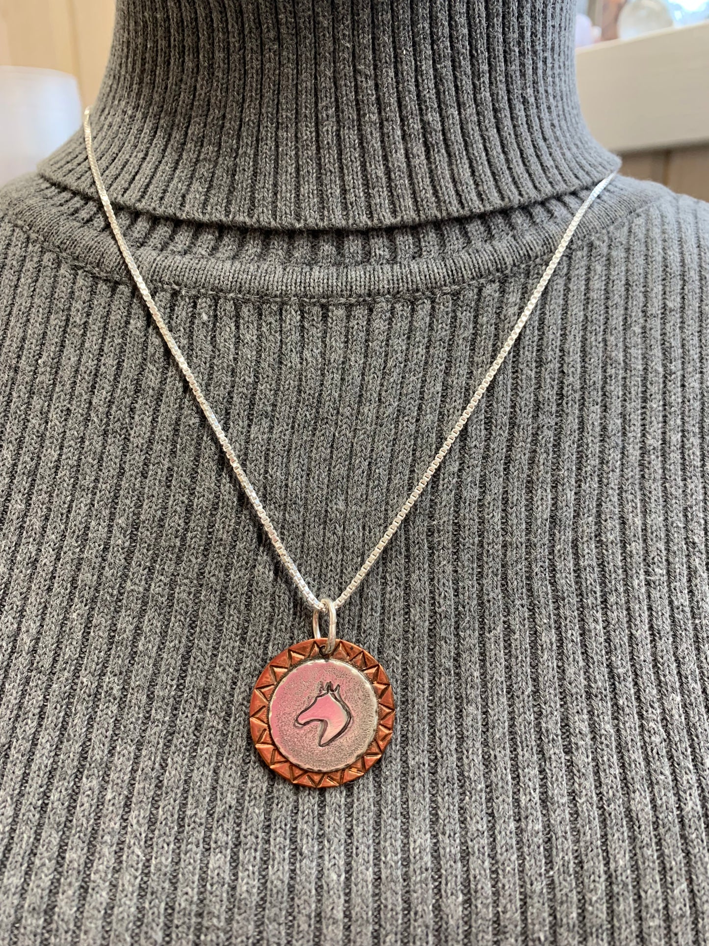 Hand Made Sterling Silver and Copper Horse Head Pendant Necklace