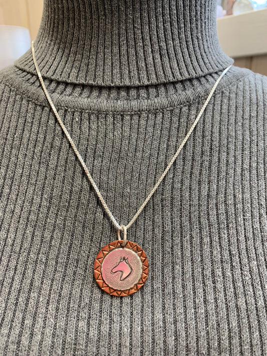 Hand Made Sterling Silver and Copper Horse Head Pendant Necklace