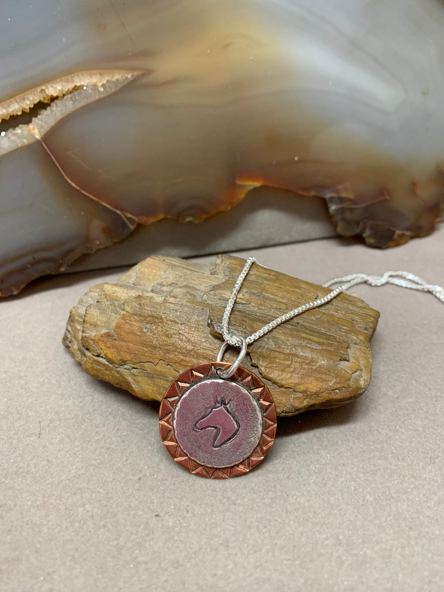 Hand Made Sterling Silver and Copper Horse Head Pendant Necklace