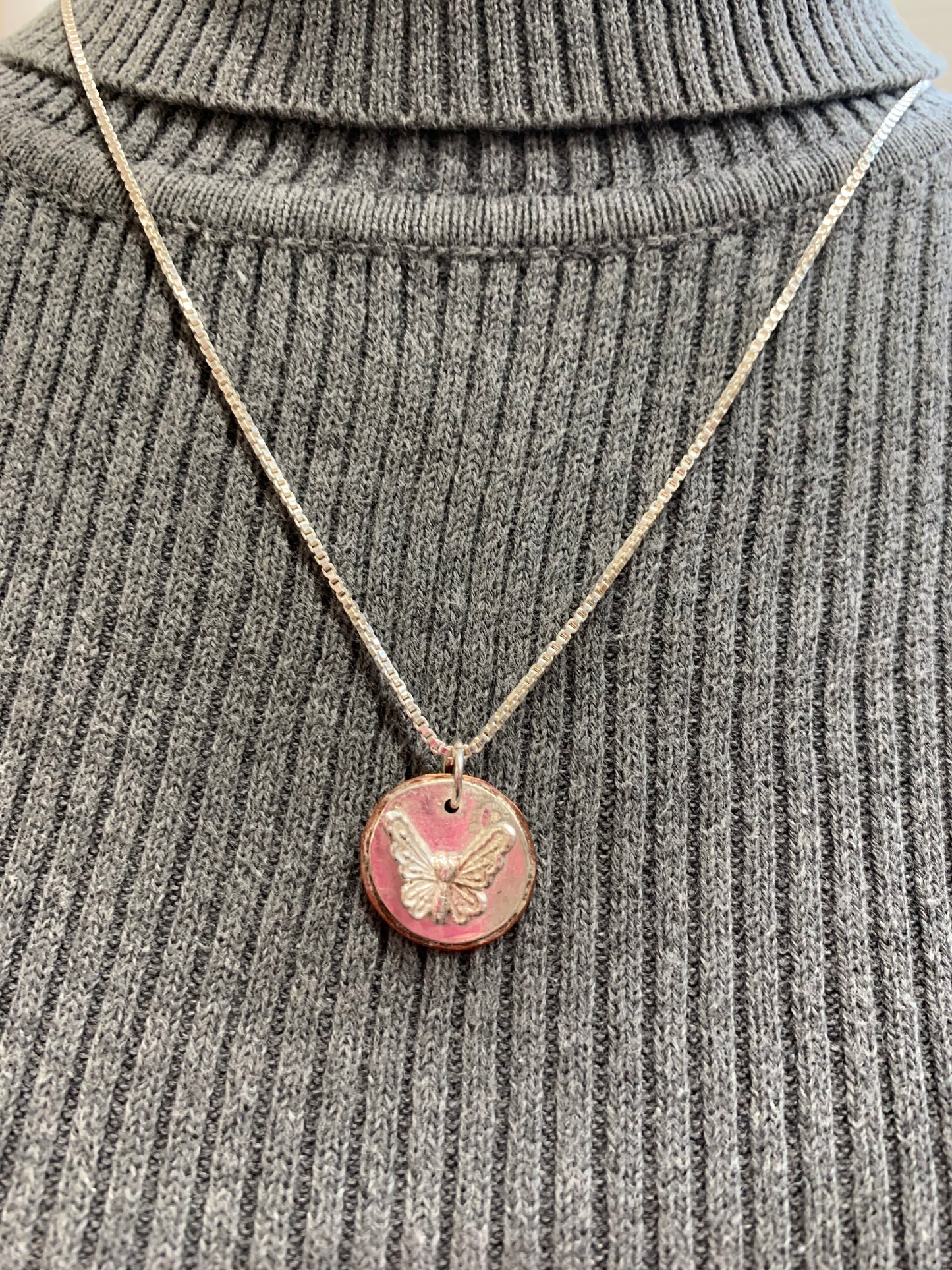 Hand Made Sterling Silver and Copper Layered 3D butterfly Pendant Necklace