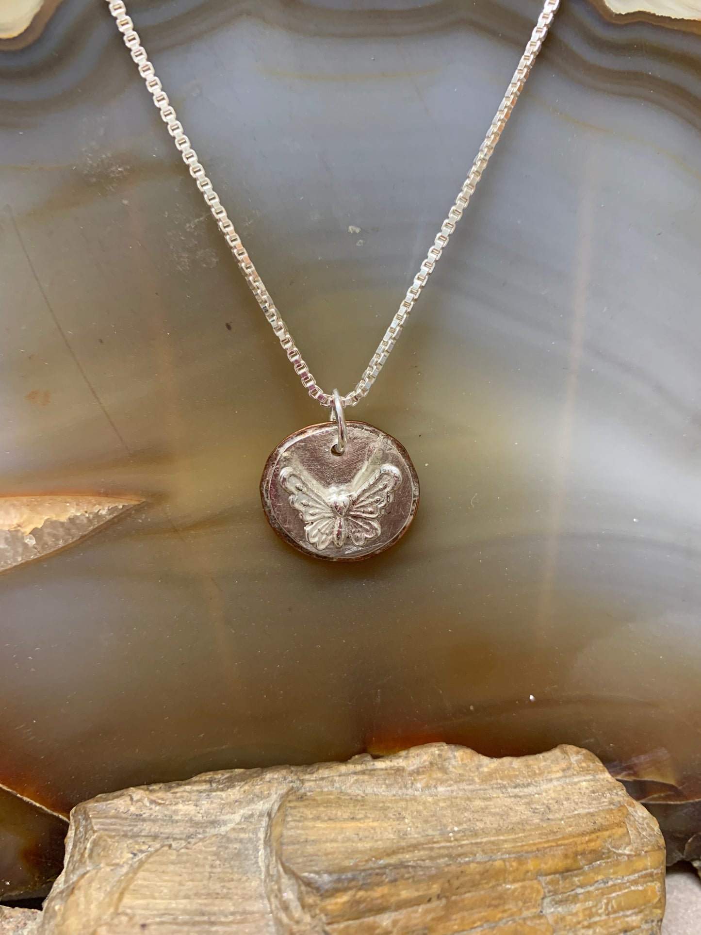 Hand Made Sterling Silver and Copper Layered 3D butterfly Pendant Necklace