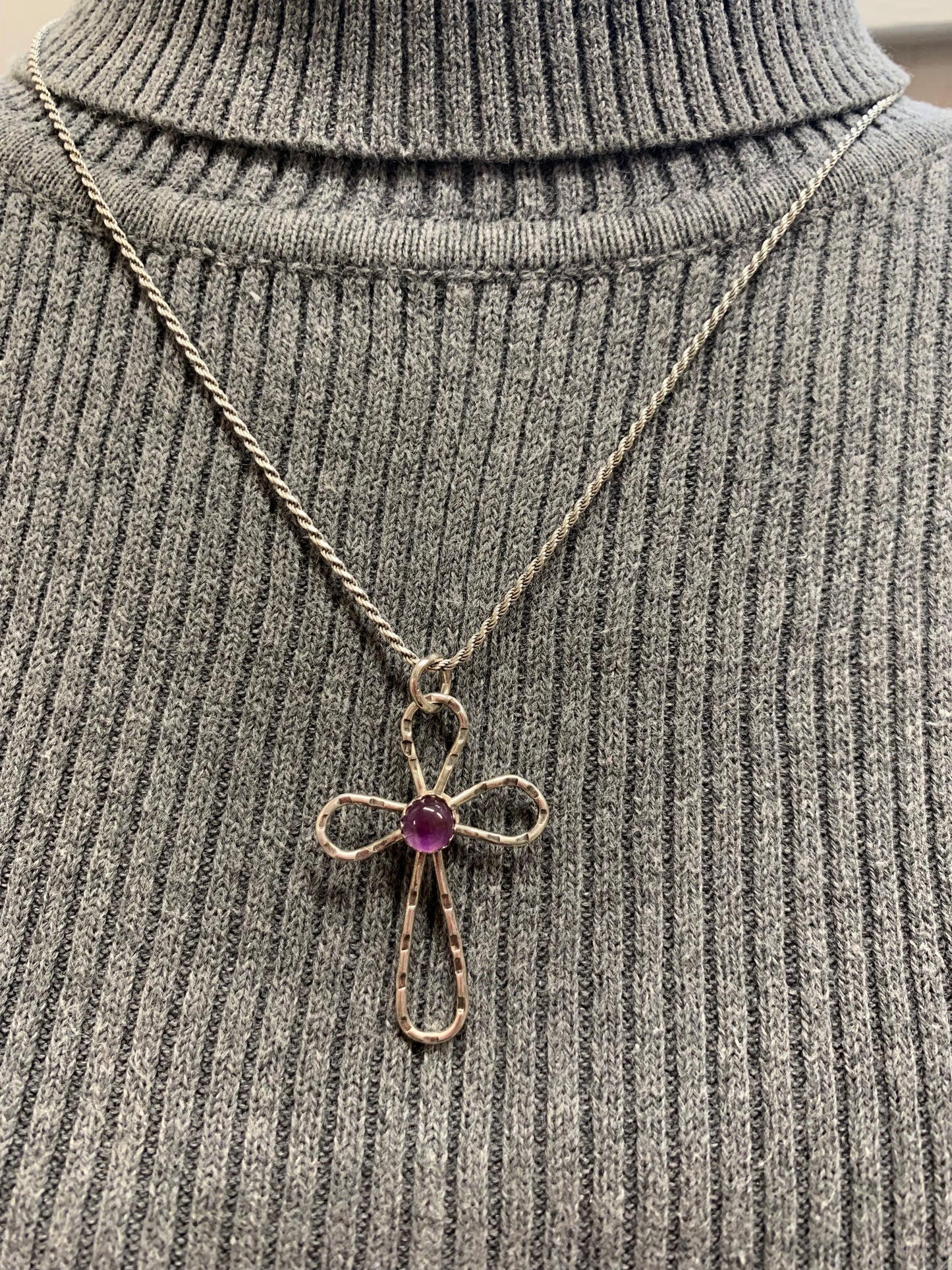 Hand Made Sterling Silver Cross with Amethyst Pendant Necklace