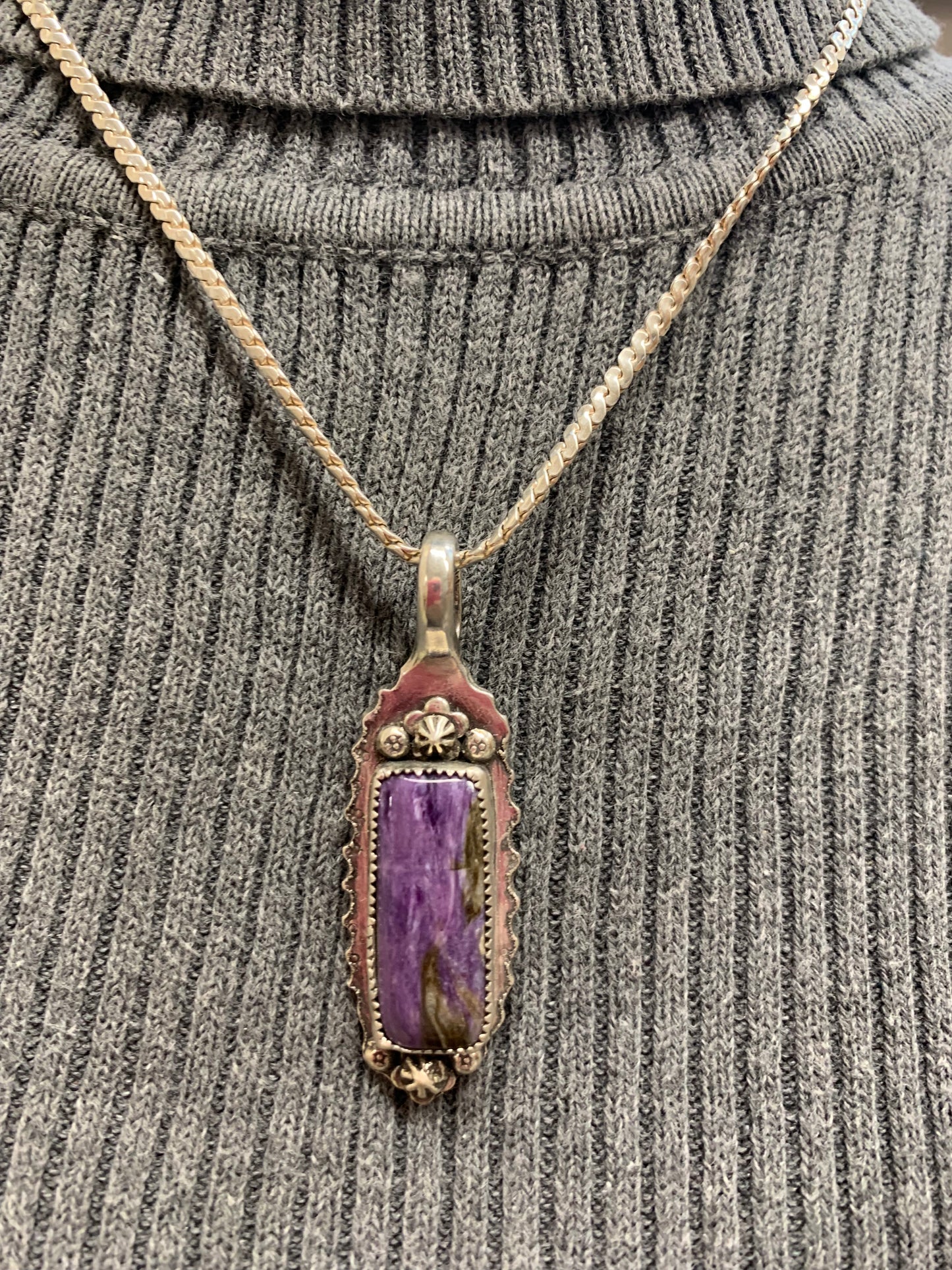 Hand Made Sterling Silver and Charoite Pendant Necklace