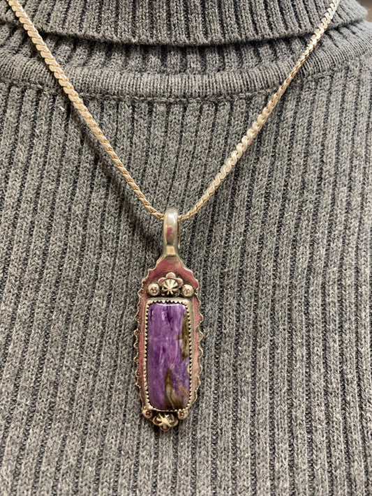 Hand Made Sterling Silver and Charoite Pendant Necklace