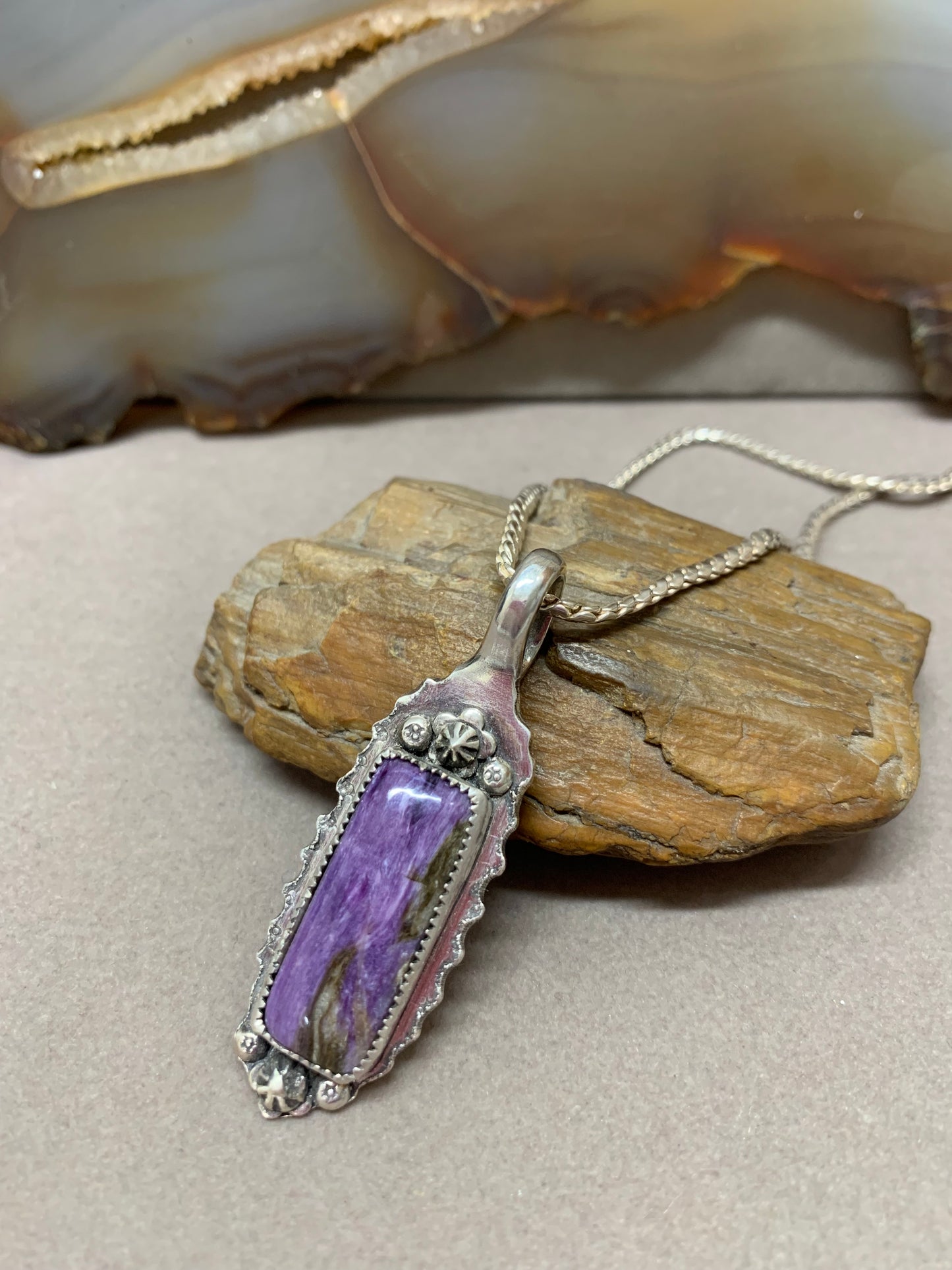 Hand Made Sterling Silver and Charoite Pendant Necklace