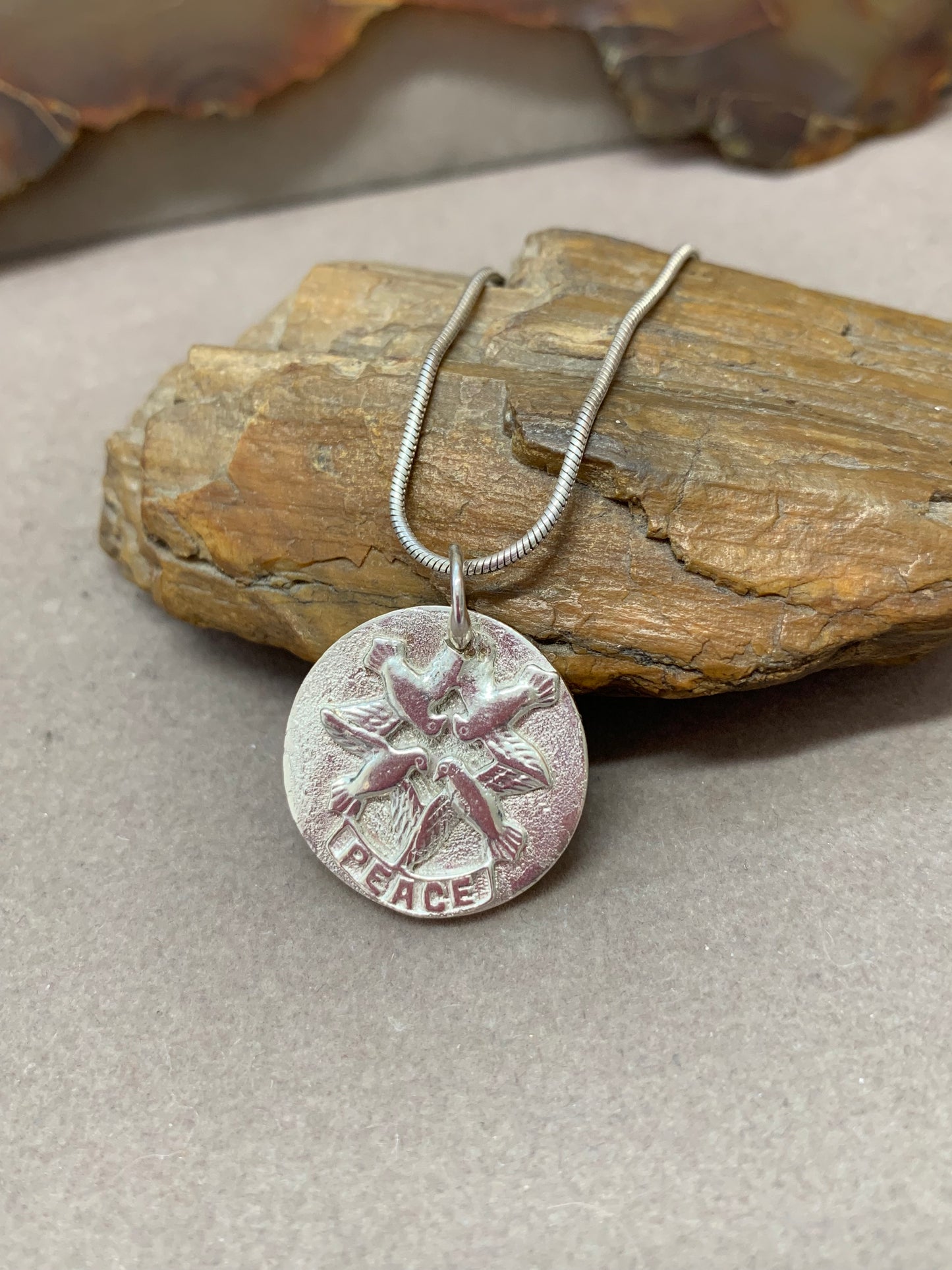 Hand Made Sterling Silver PEACE and doves pendant necklace