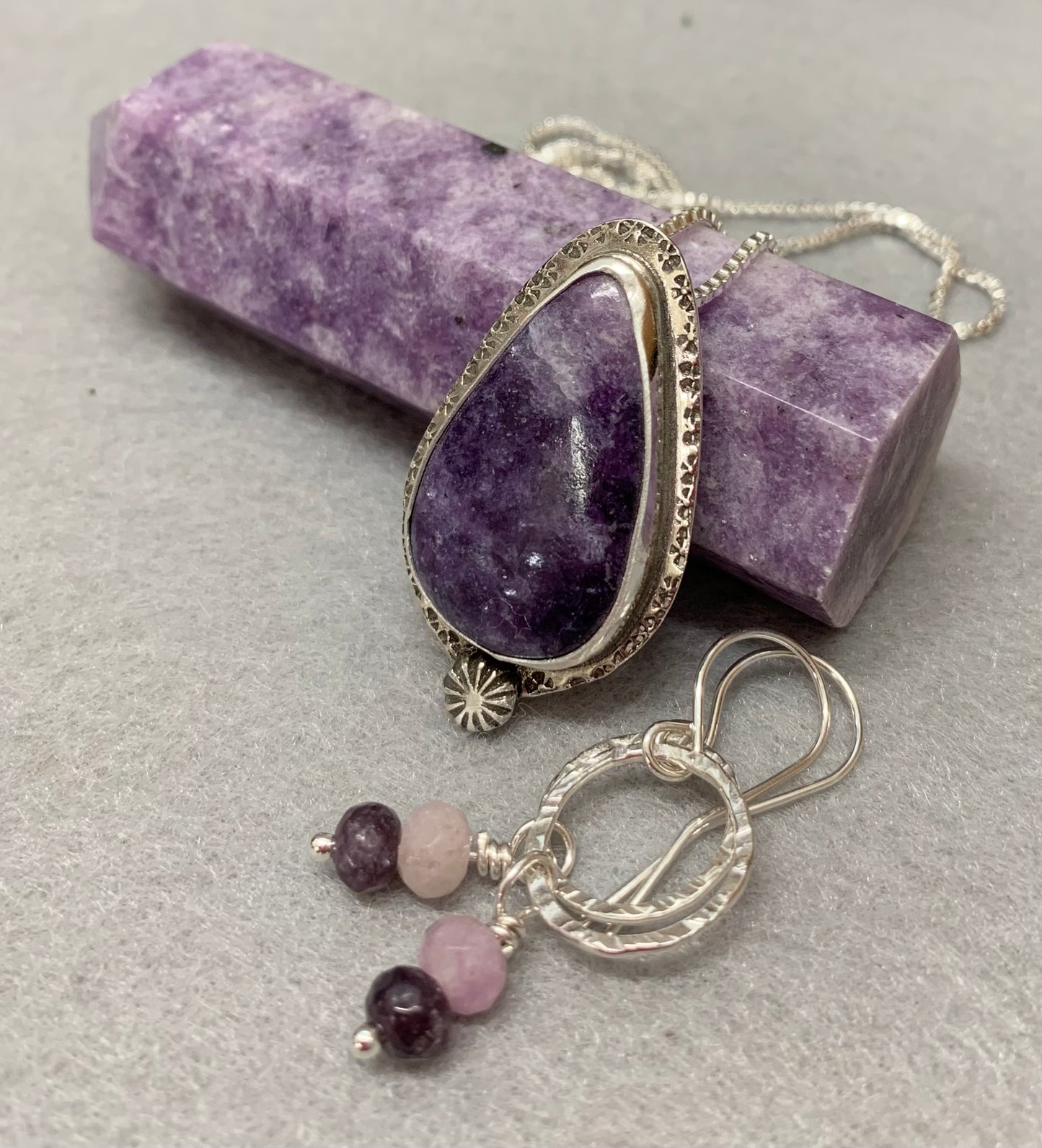 Hand Made Sterling Silver Lepidolite Pendant Necklace with Earrings