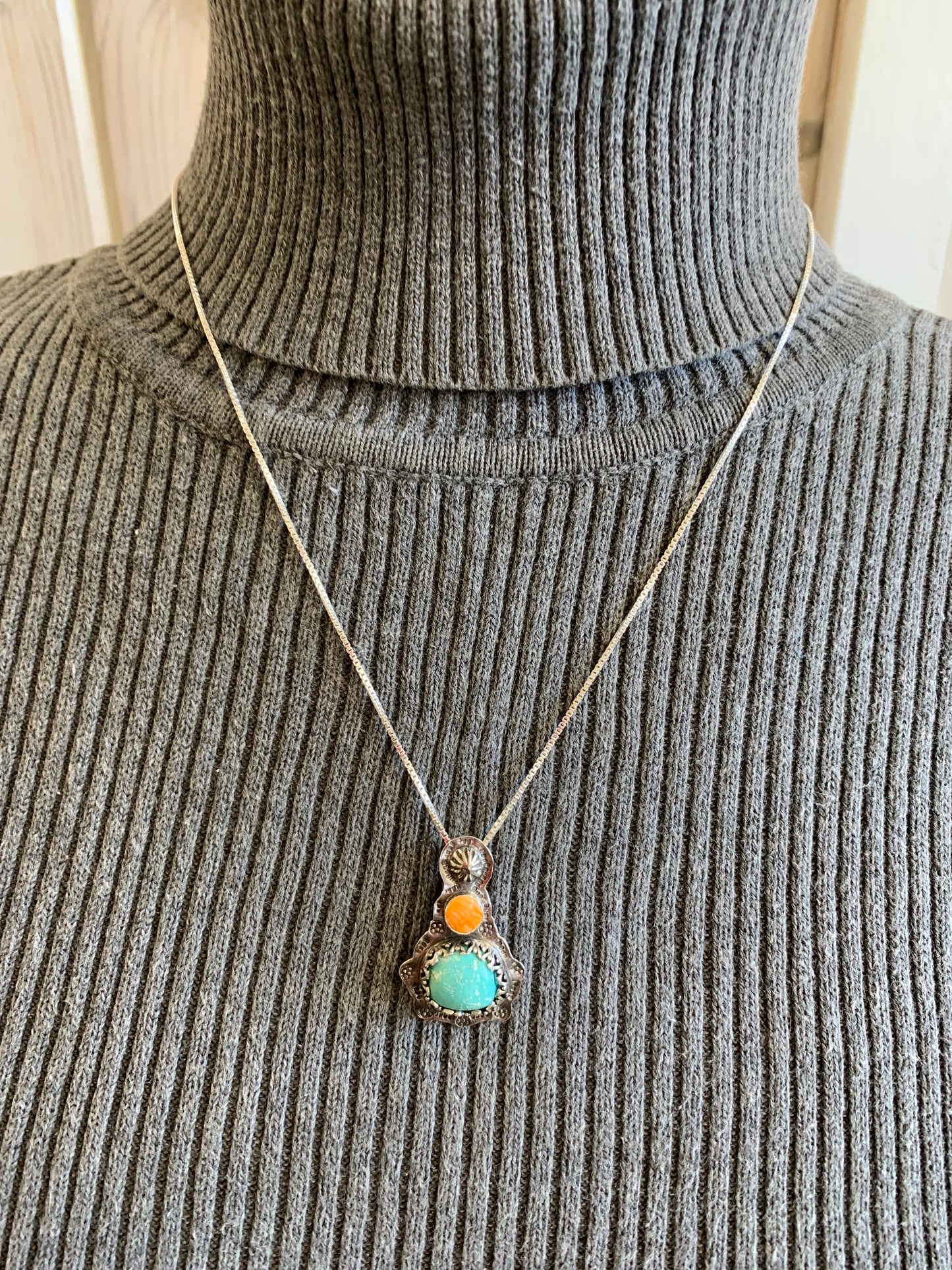 Handmade Sterling Silver Turquoise and Spiny Oyster Pendant Necklace