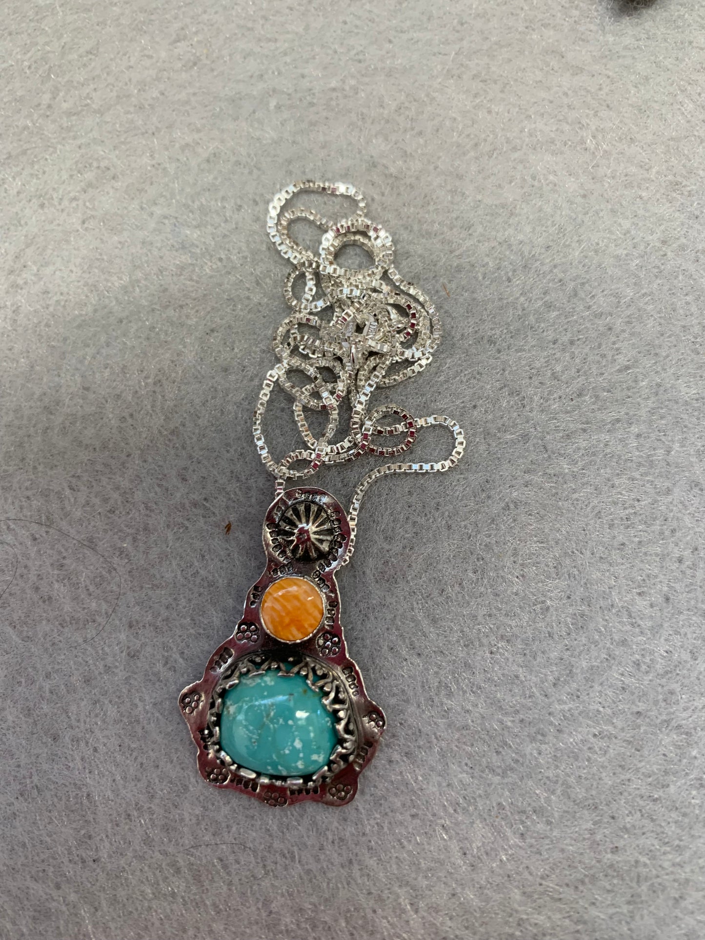 Handmade Sterling Silver Turquoise and Spiny Oyster Pendant Necklace