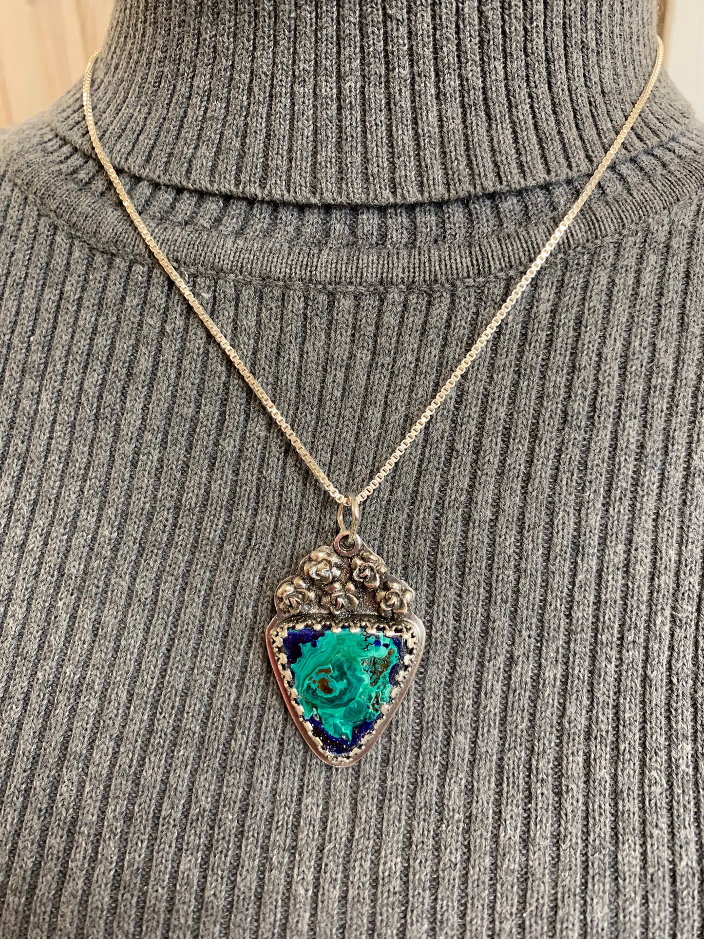 Handmade Sterling Silver Azurite Pendant Necklace and Earrings