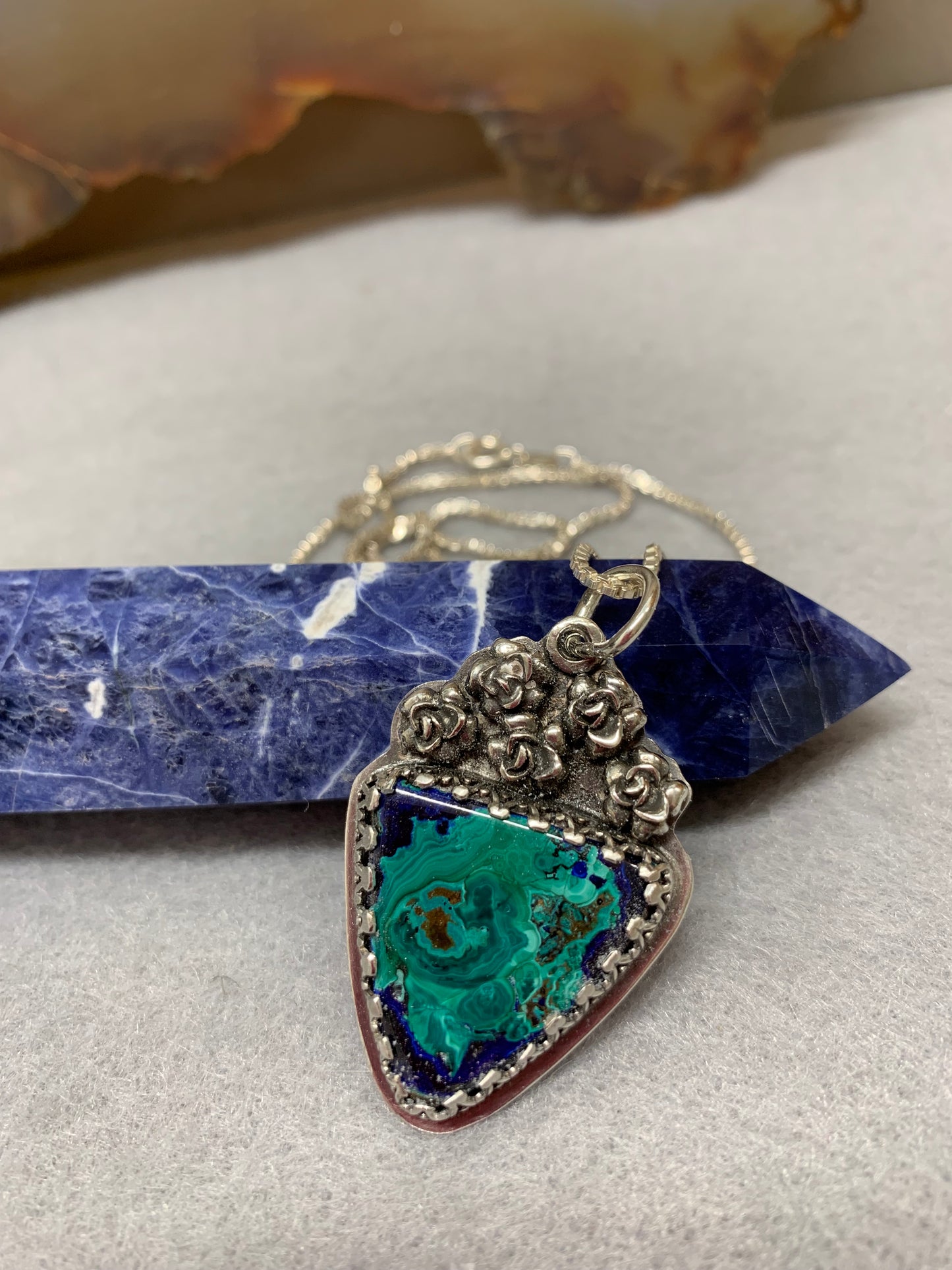 Handmade Sterling Silver Azurite Pendant Necklace and Earrings