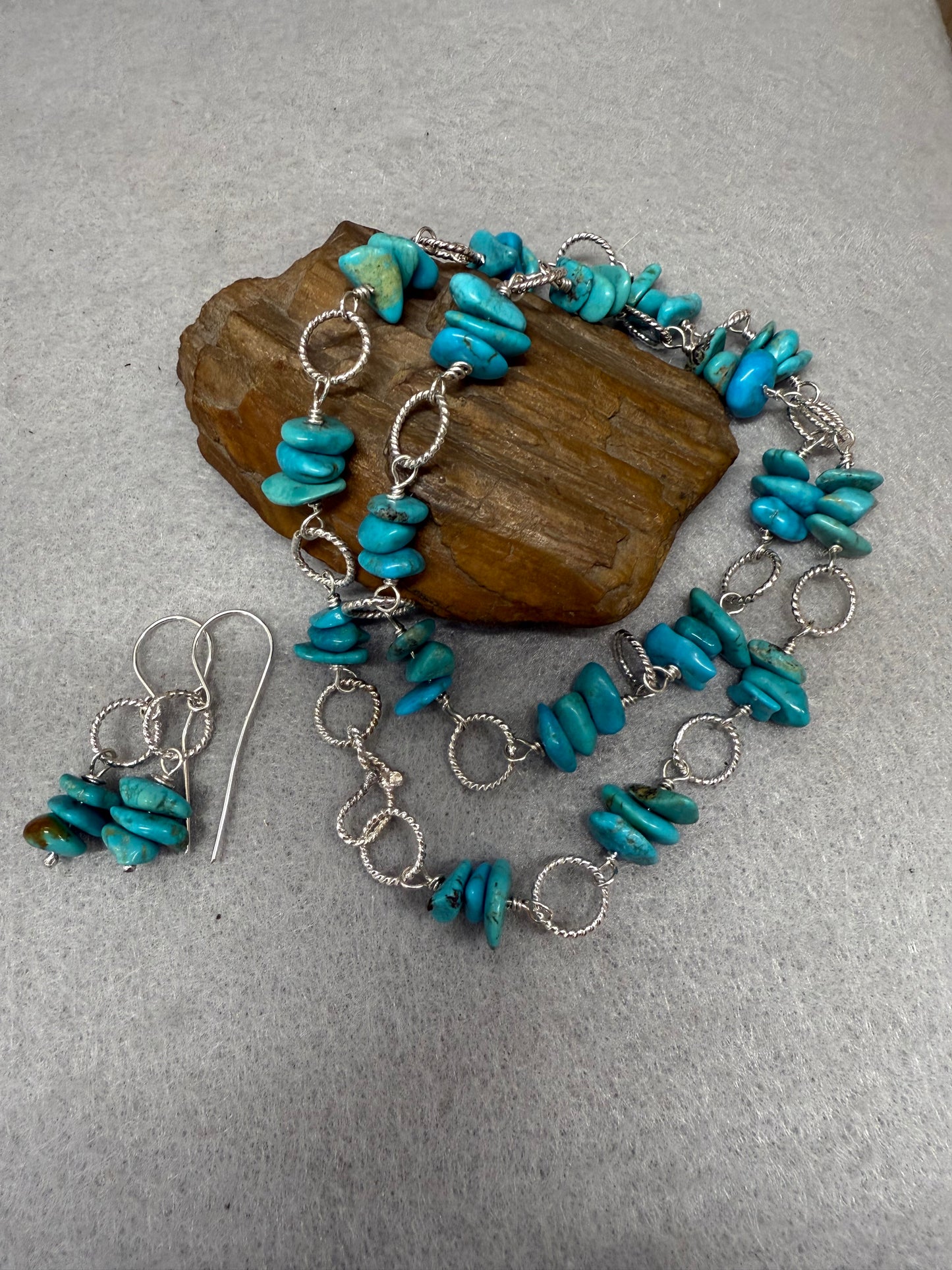 Handmade Sterling Silver and Kingman Turquoise Necklace with Earrings