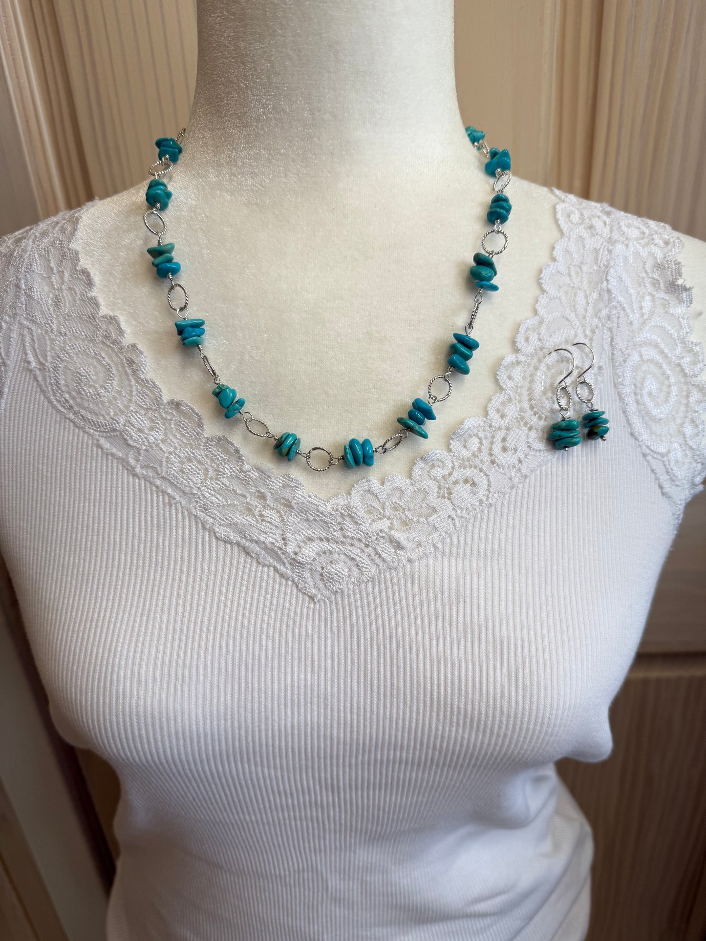 Handmade Sterling Silver and Kingman Turquoise Necklace with Earrings