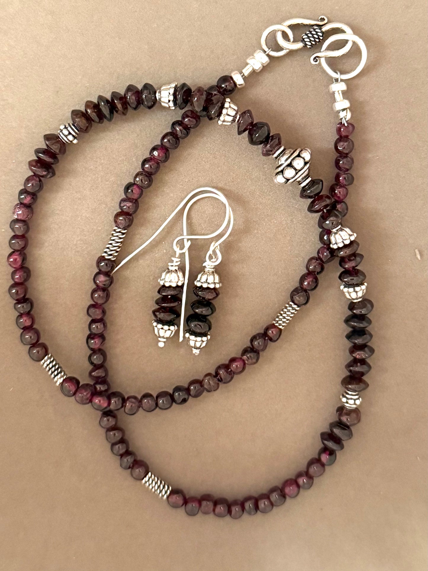 Handmade Sterling Silver Garnet Necklace with Earrings