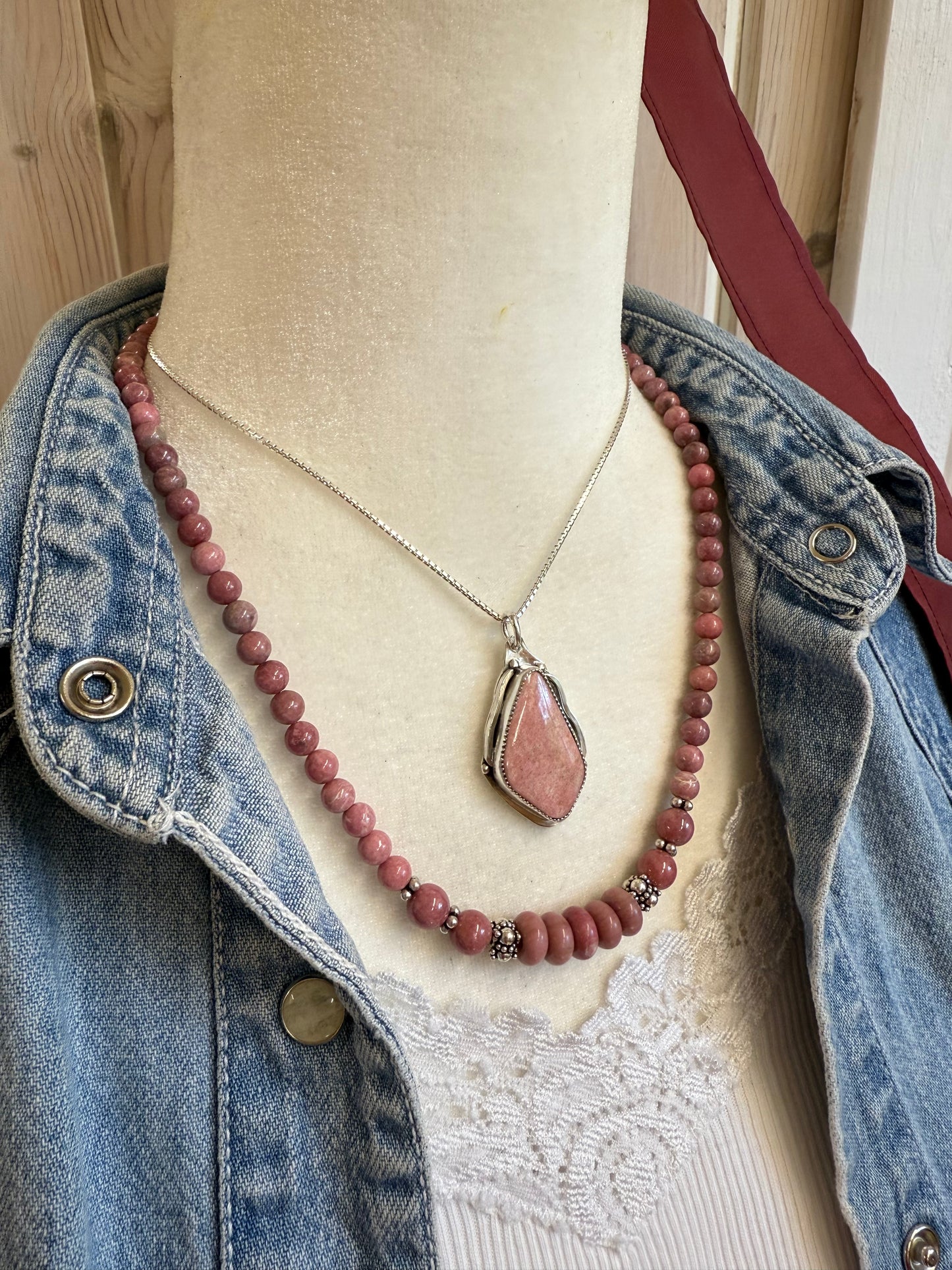 Handmade Sterling Silver Norwegian Thulite Beaded Necklace and Earrings