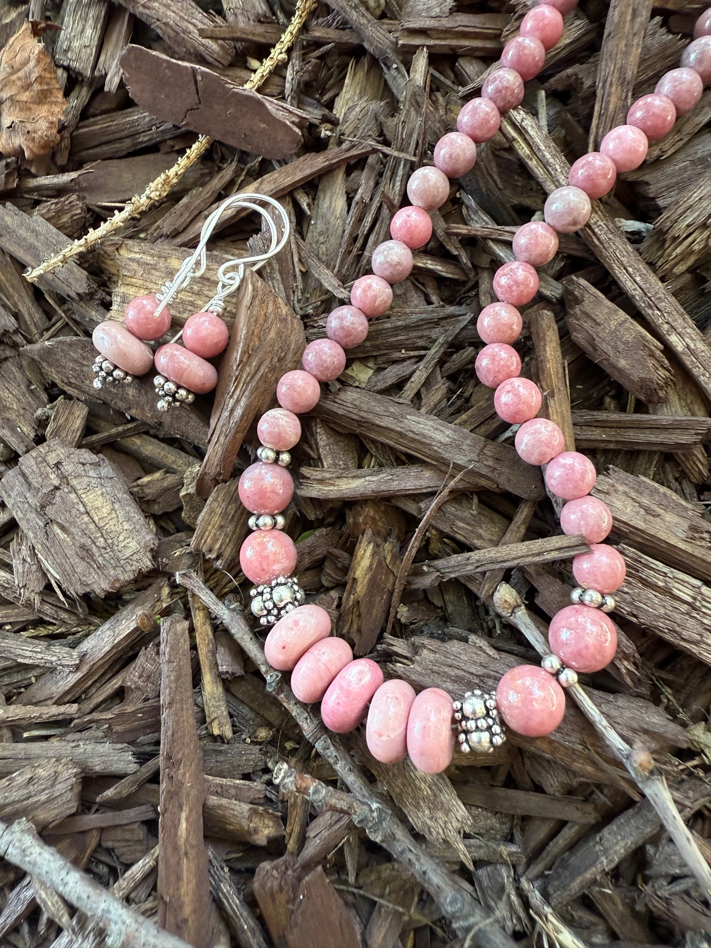 Handmade Sterling Silver Norwegian Thulite Beaded Necklace and Earrings