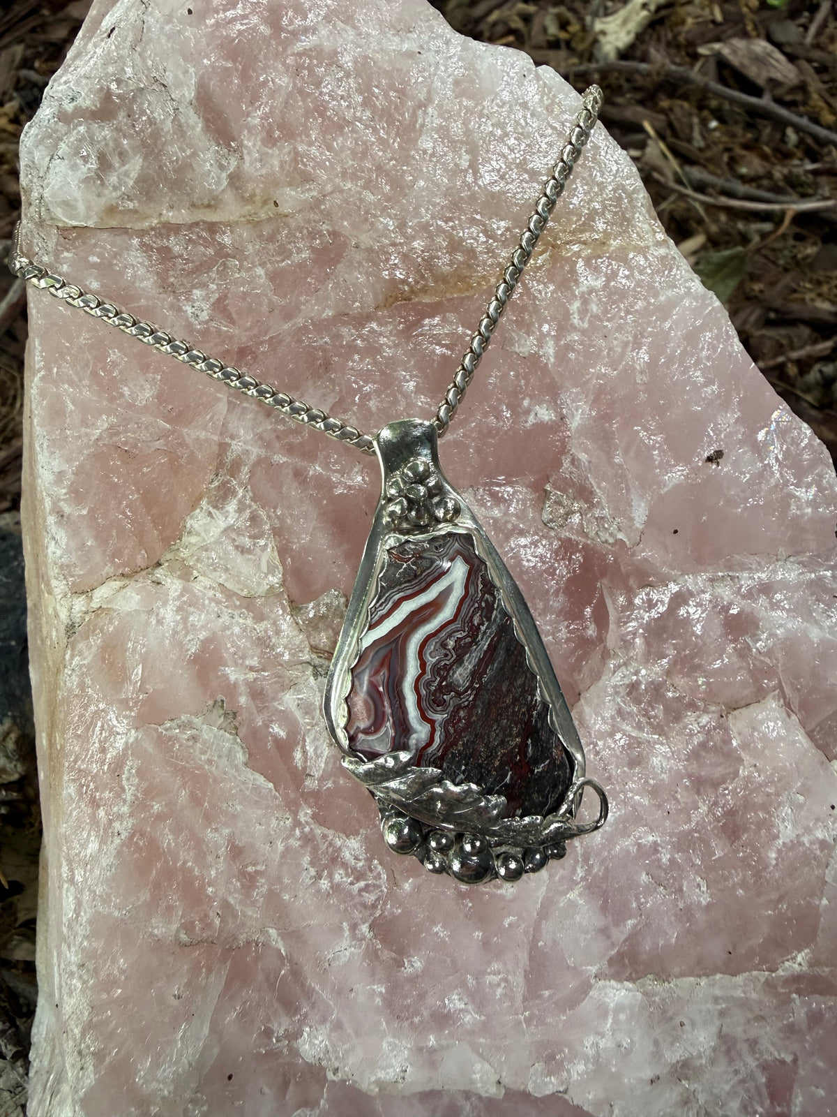 Hand Made Sterling Silver Crazy Lace Agate Pendant Necklace