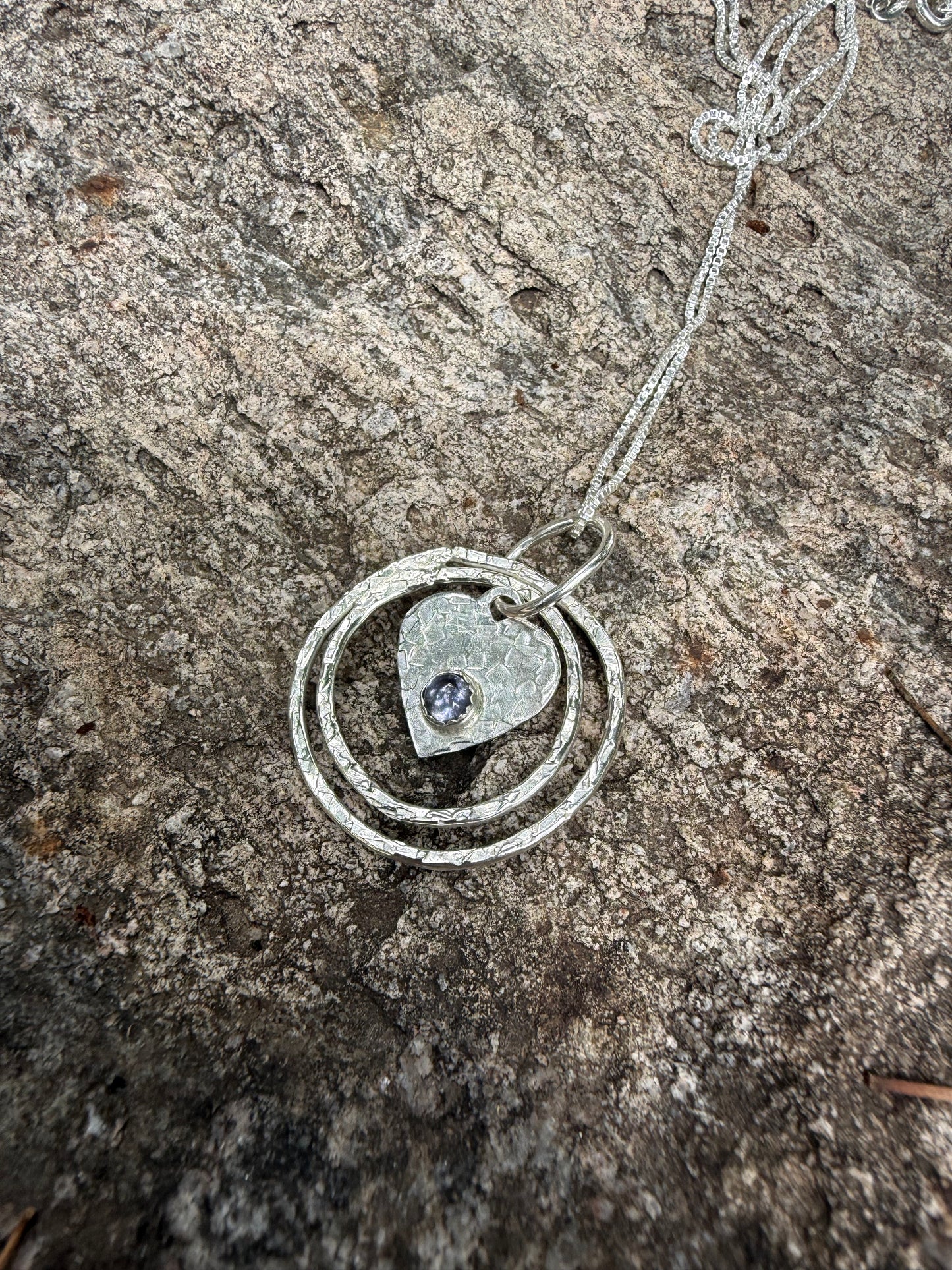 Hand Made Sterling Silver Circles and Iolite Heart Pendant Necklace