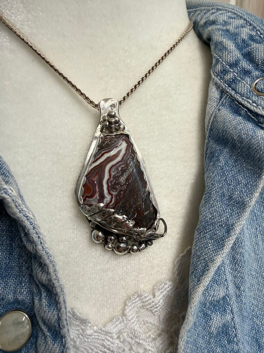 Hand Made Sterling Silver Crazy Lace Agate Pendant Necklace