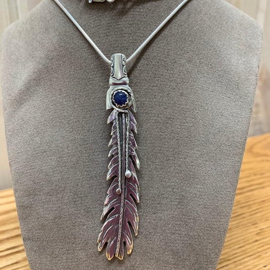 Hand Made Sterling Silver Feather with Lapis Pendant Necklace