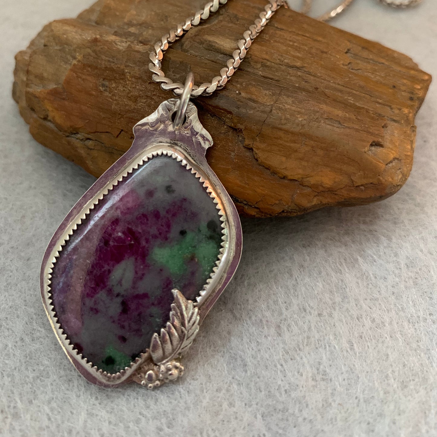 Hand Made Sterling Silver Ruby in Zoisite Pendant Necklace.