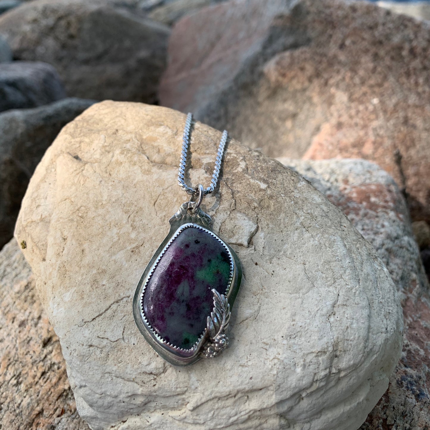 Hand Made Sterling Silver Ruby in Zoisite Pendant Necklace.