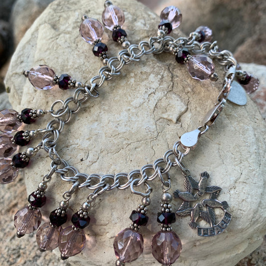 Hand Made Sterling Silver Crystal and Amethyst Chain Charm Bracelet