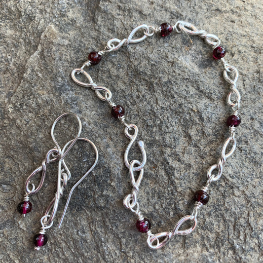 Hand Made Sterling Silver Bow Tie and Garnet Bracelet with Earrings