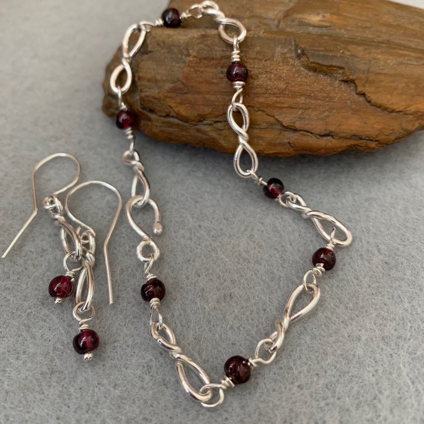 Hand Made Sterling Silver Bow Tie and Garnet Bracelet with Earrings