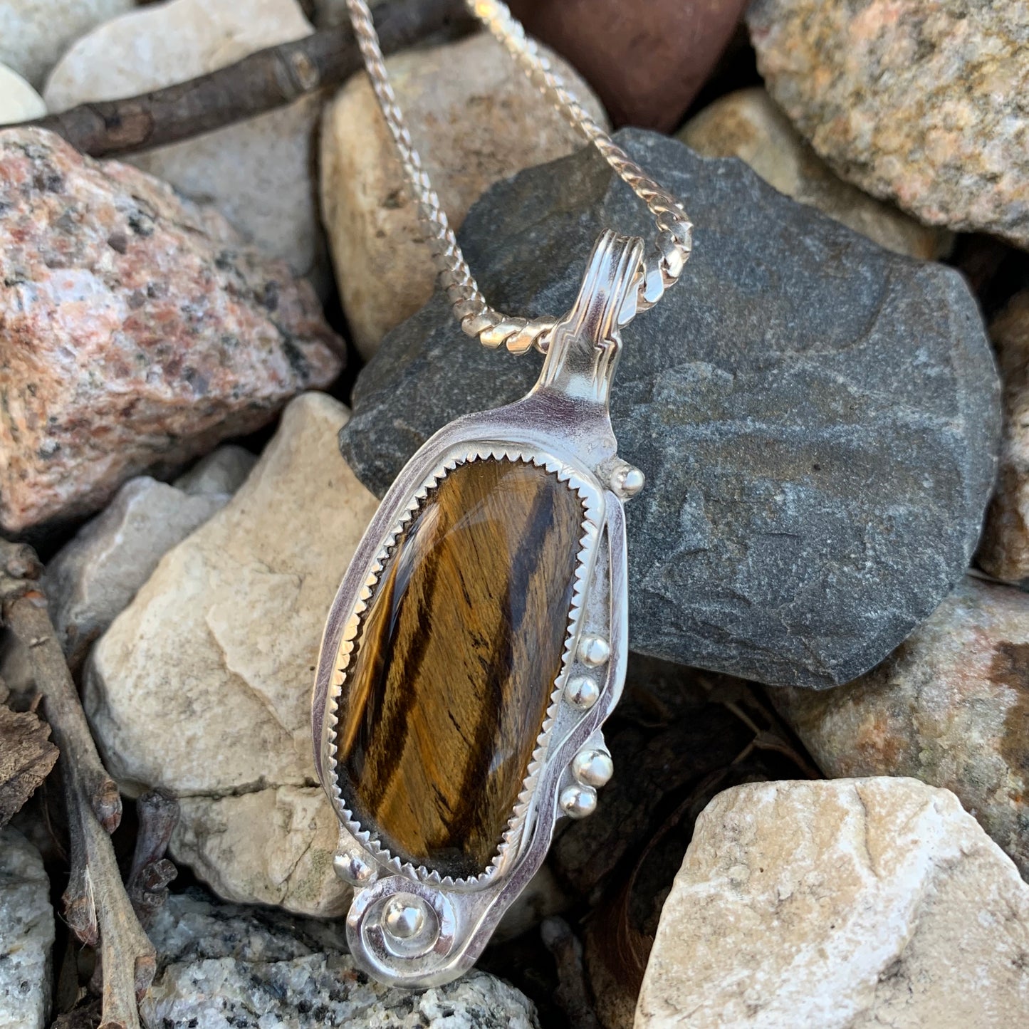 Hand Made Sterling Silver Tiger Eye Pendant Necklace with earrings